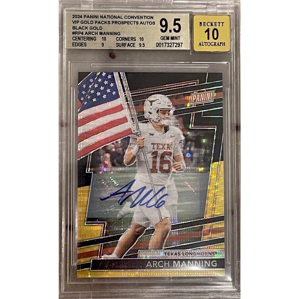 2024 Panini National VIP Arch Manning Black Gold rookie autograph card numbered to 5 graded BGS 9.5 Auto 10 featuring Texas Longhorns quarterback