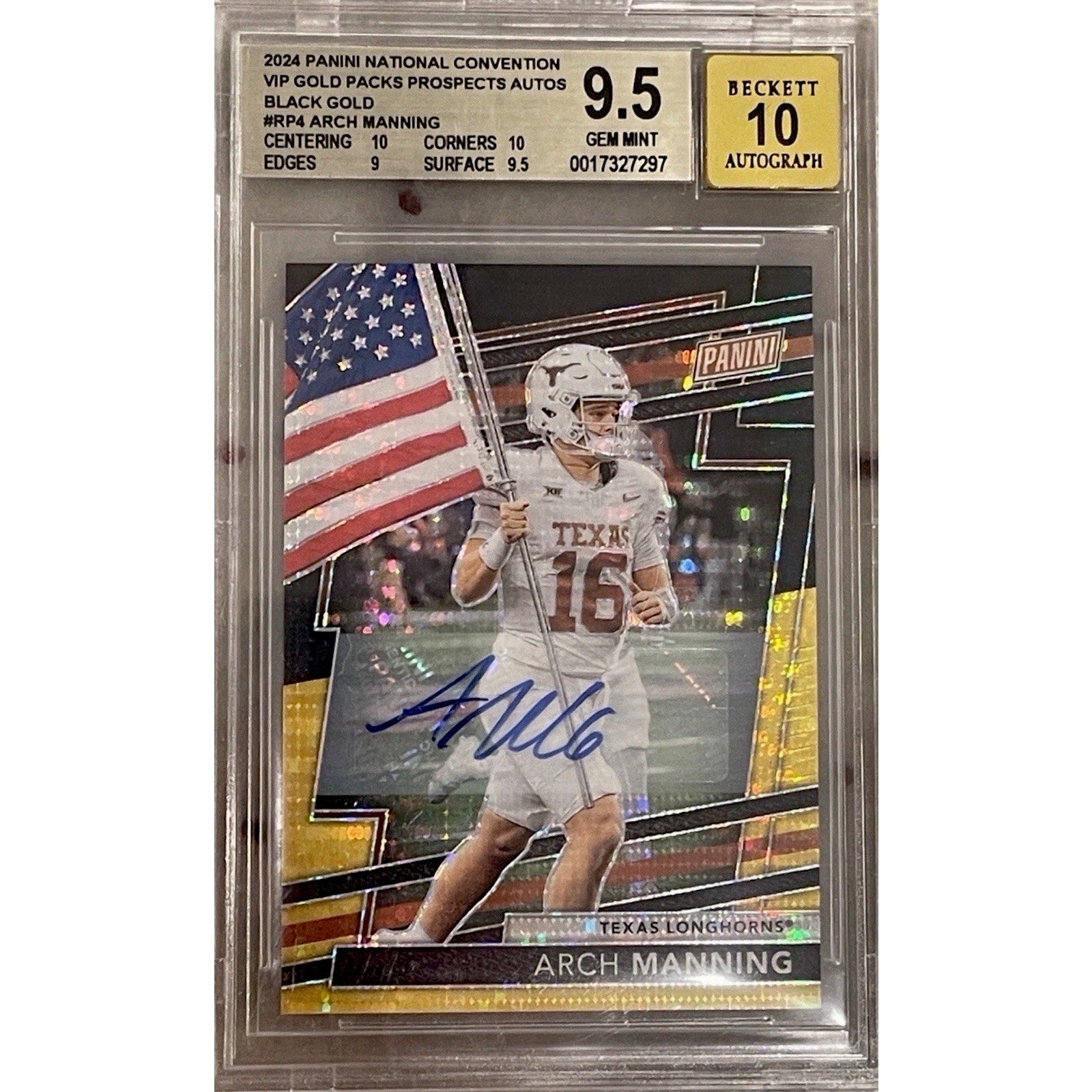 2024 Panini National VIP Arch Manning Black Gold rookie autograph card numbered to 5 graded BGS 9.5 Auto 10 featuring Texas Longhorns quarterback
