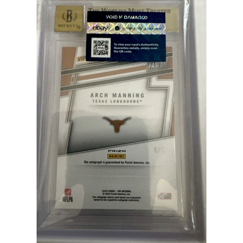 Back of 2024 Panini National VIP Arch Manning Black Gold auto rookie card graded BGS 9.5 with Auto 10 authentication
