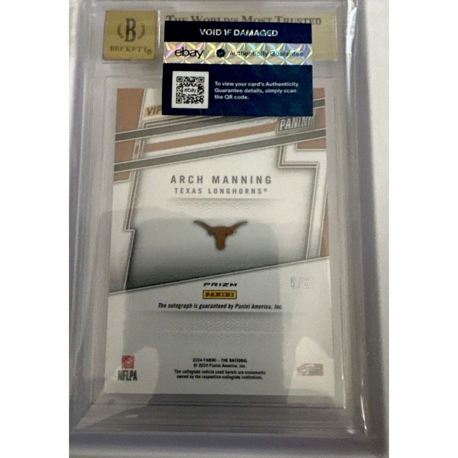 Back of 2024 Panini National VIP Arch Manning Black Gold auto rookie card graded BGS 9.5 with Auto 10 authentication