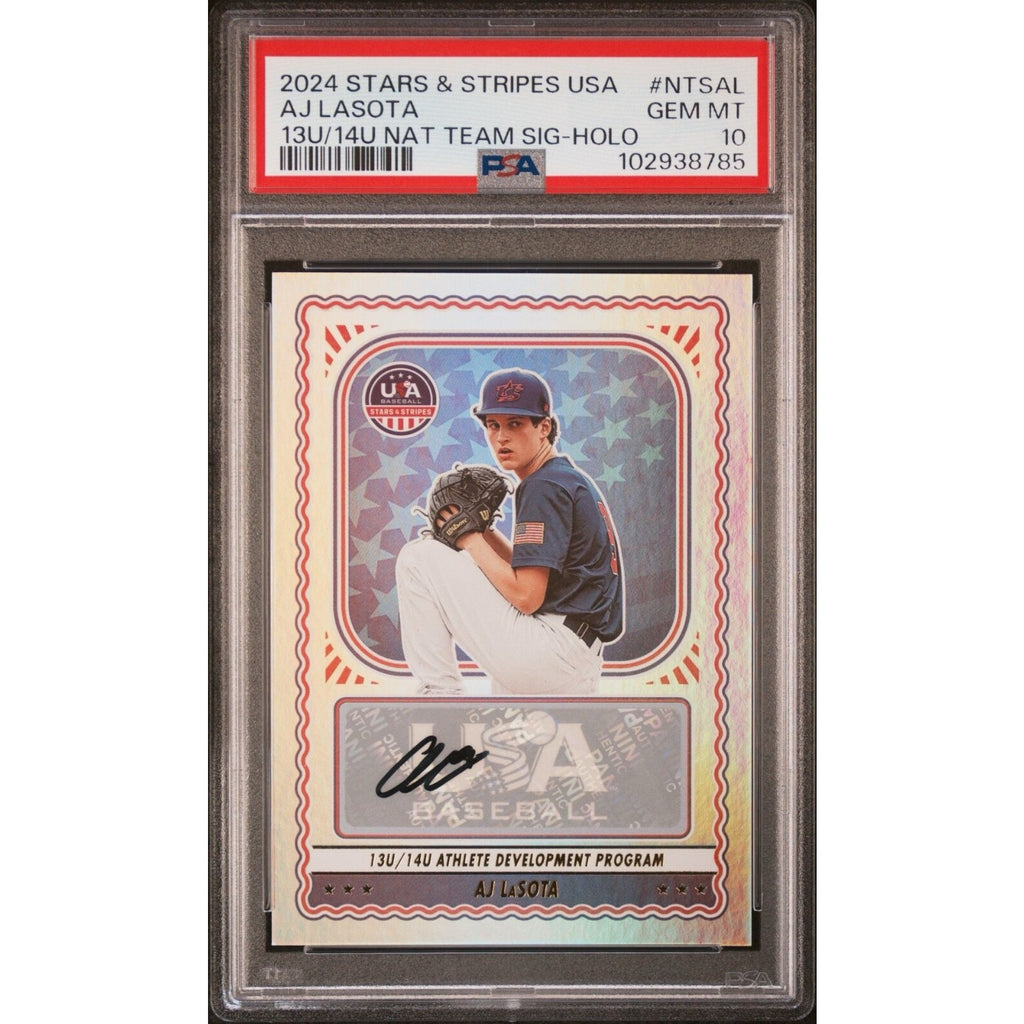 2024 Panini Stars and Stripes USA Baseball AJ LaSota Auto Holo rookie card #NTSAL PSA 10 front view