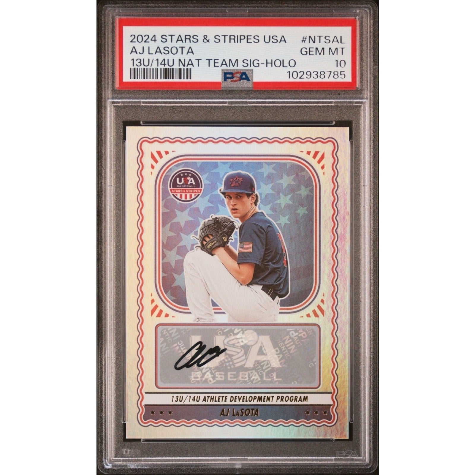 2024 Panini Stars and Stripes USA Baseball AJ LaSota Auto Holo rookie card #NTSAL PSA 10 front view