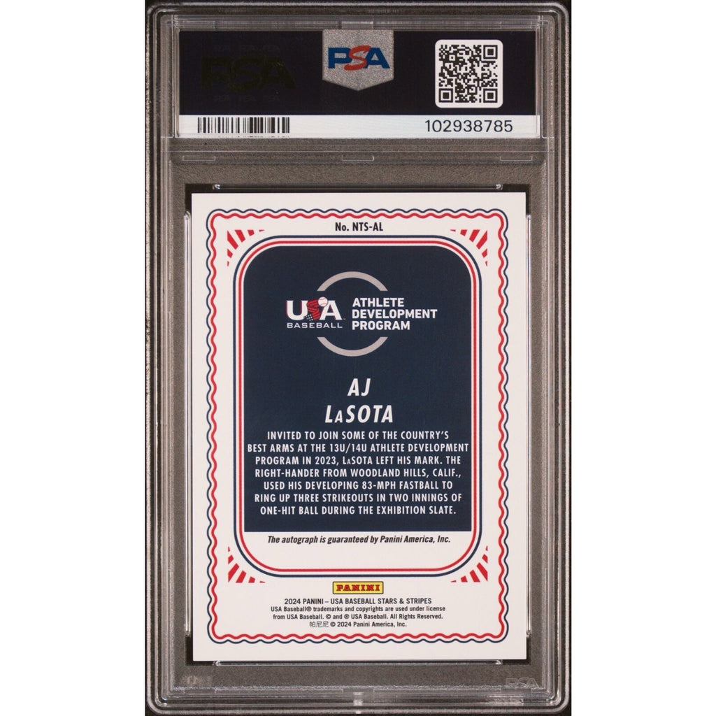 Back view of 2024 Panini Stars and Stripes AJ LaSota autograph Holo rookie baseball card graded PSA 10