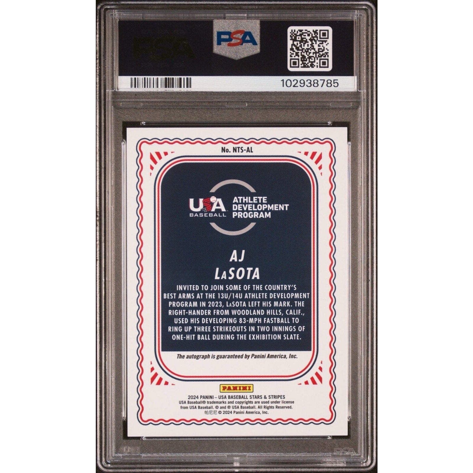 Back view of 2024 Panini Stars and Stripes AJ LaSota autograph Holo rookie baseball card graded PSA 10