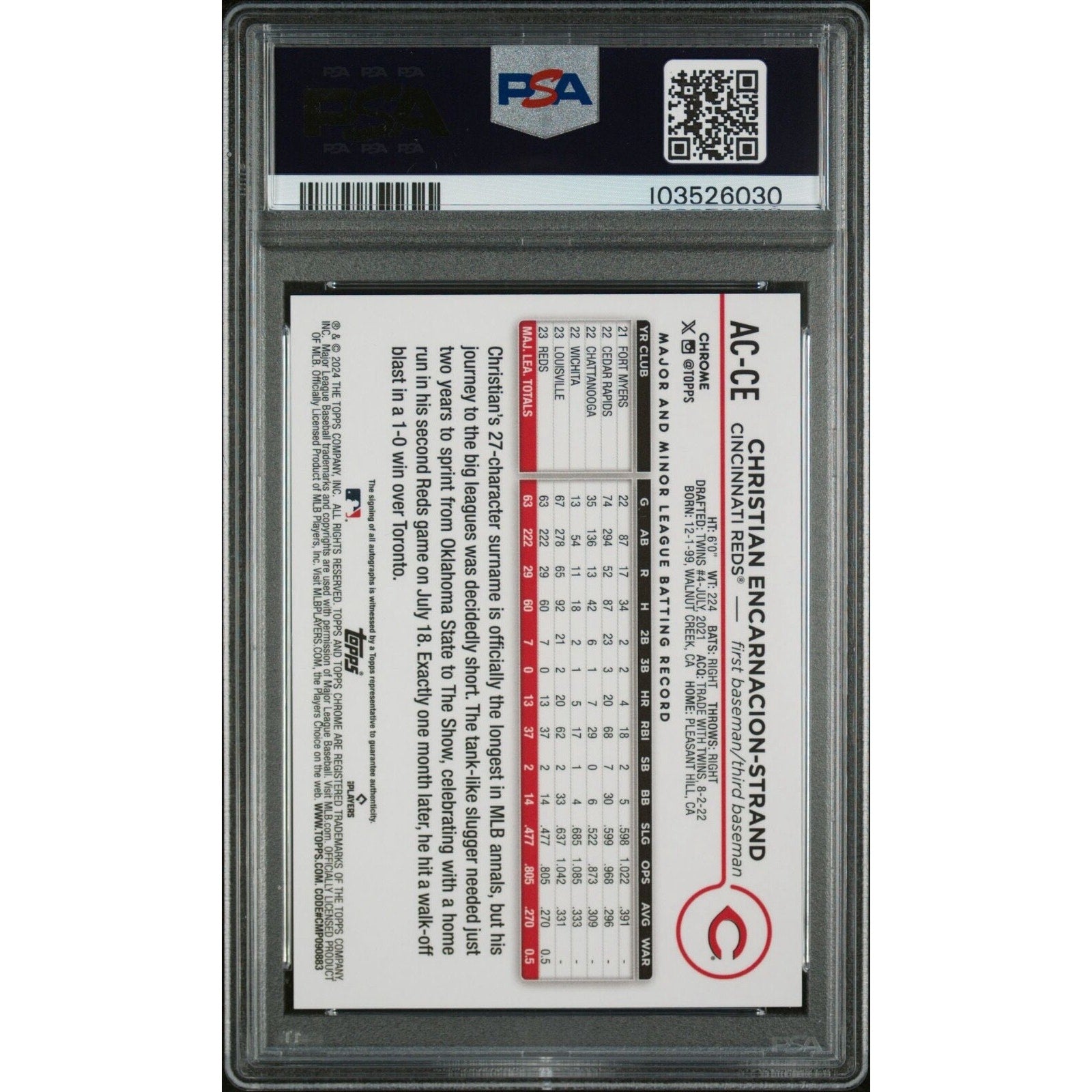 Back view of 2024 Topps Chrome Update Christian Encarnacion-Strand auto baseball card graded PSA 9 Mint