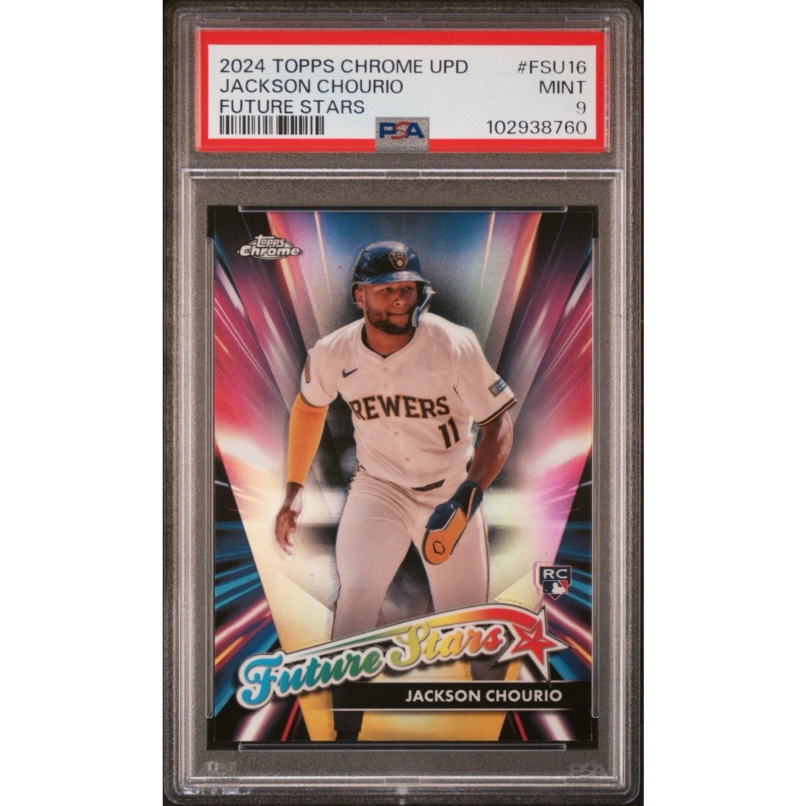 2024 Topps Chrome Update Future Stars Jackson Chourio rookie card #FSU16 graded PSA 9 featuring Milwaukee Brewers prospect