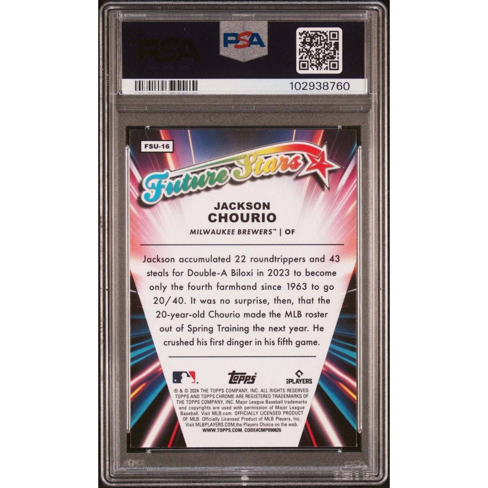 Back of 2024 Topps Chrome Update Future Stars Jackson Chourio rookie card #FSU16 graded PSA 9