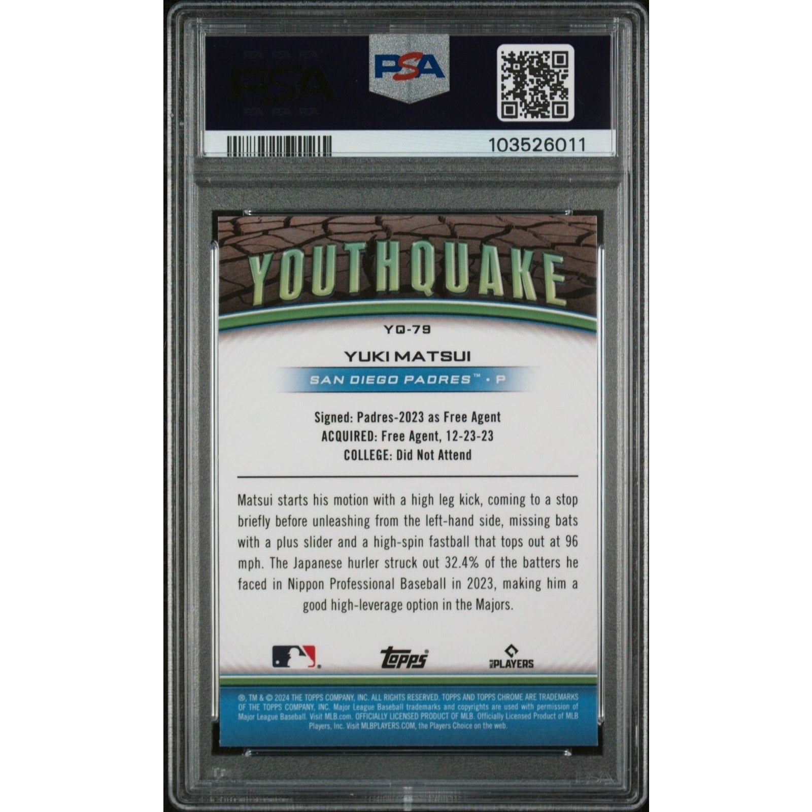 Back of 2024 Topps Chrome Youthquake Yuki Matsui PSA 10 trading card slab