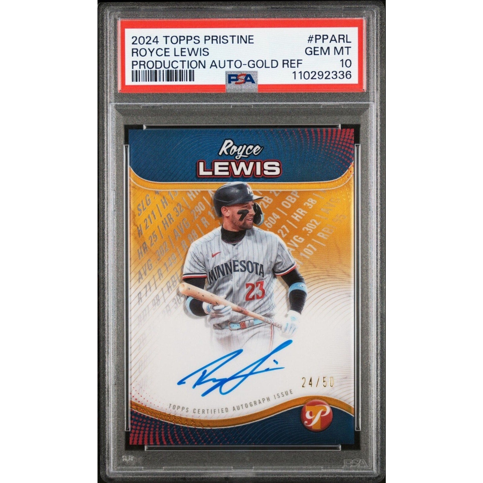 2024 Topps Pristine Royce Lewis Gold Refractor Auto PSA 10 Twins card front