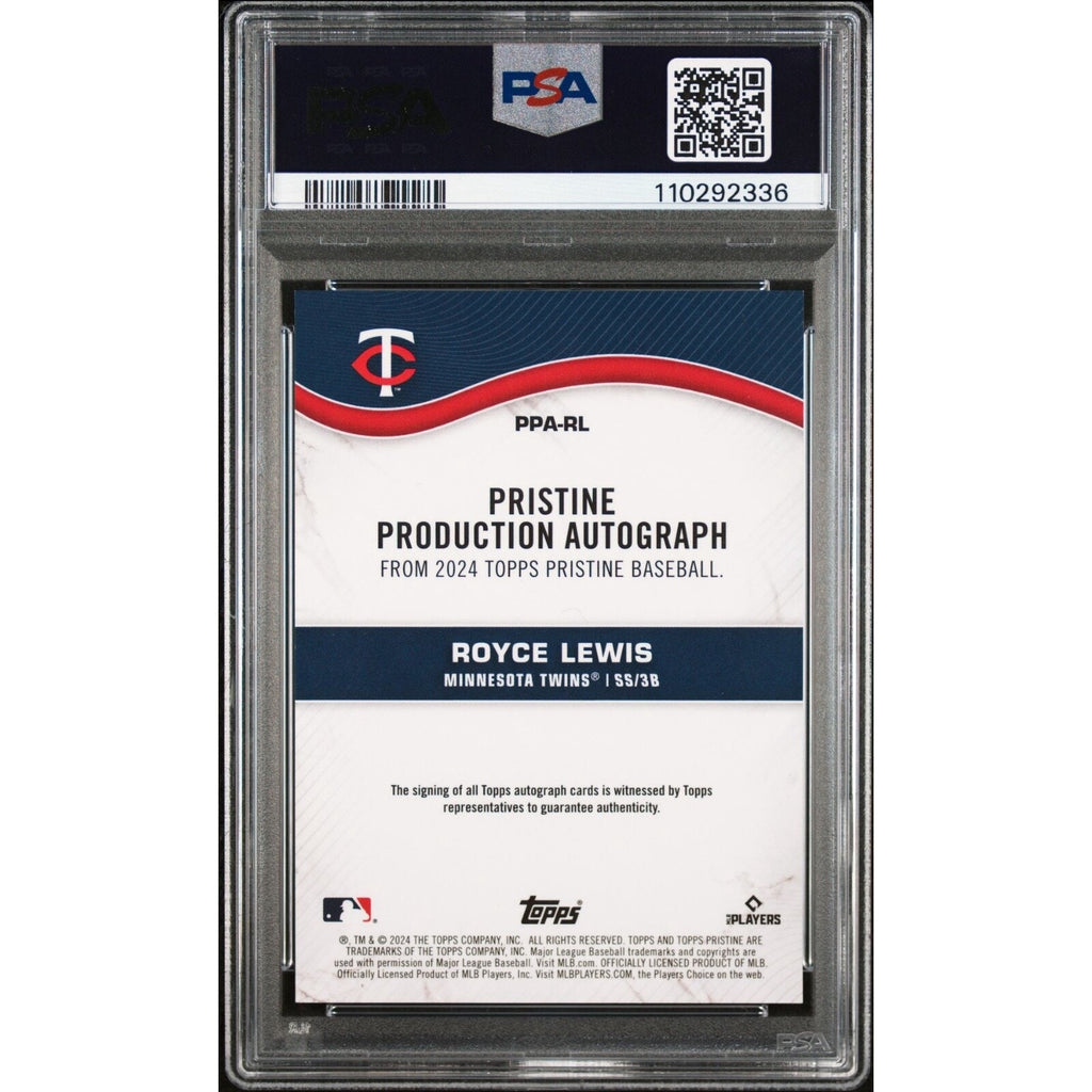 Back of 2024 Topps Pristine Royce Lewis Production Autographs Gold Refractor PSA 10 card