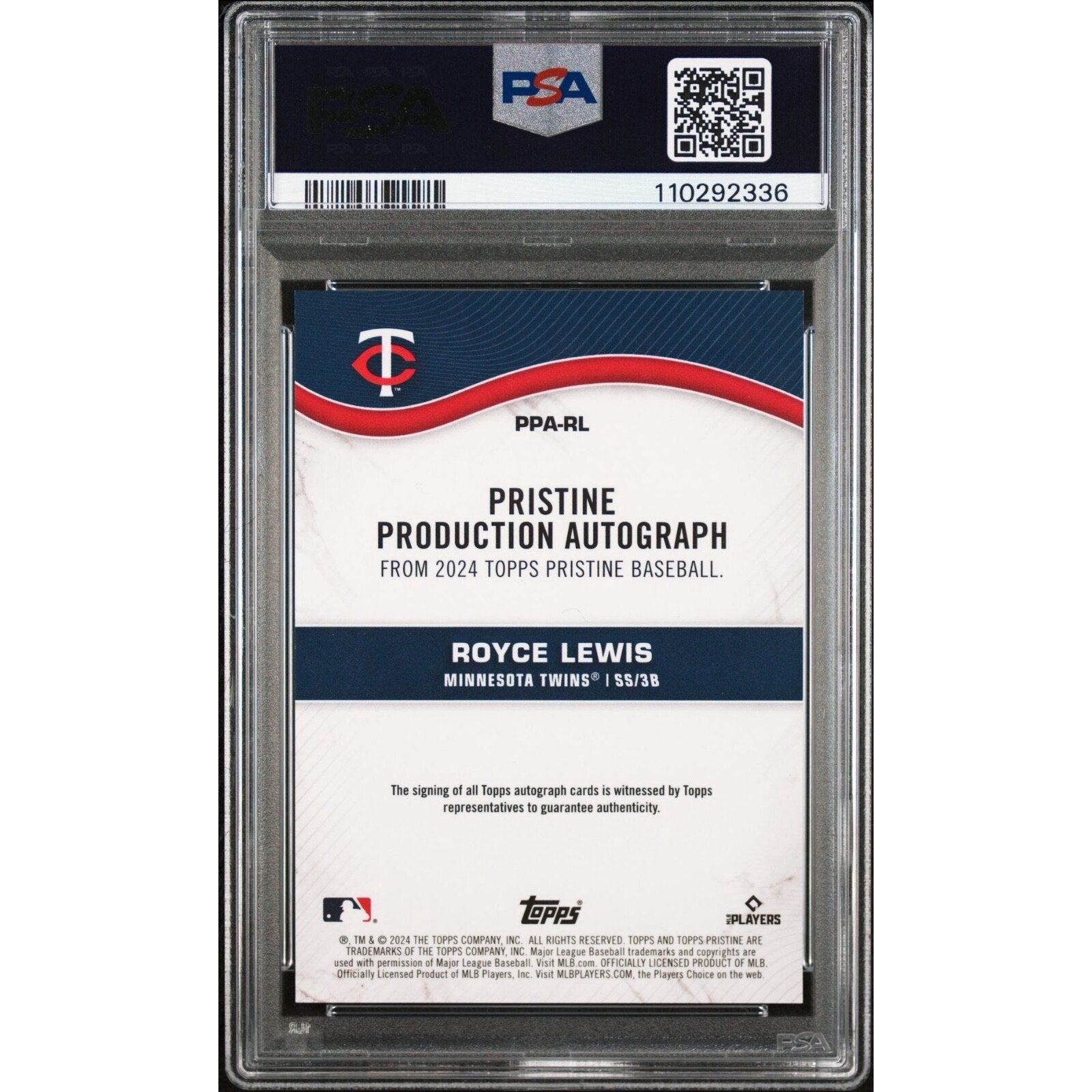 Back of 2024 Topps Pristine Royce Lewis Production Autographs Gold Refractor PSA 10 card