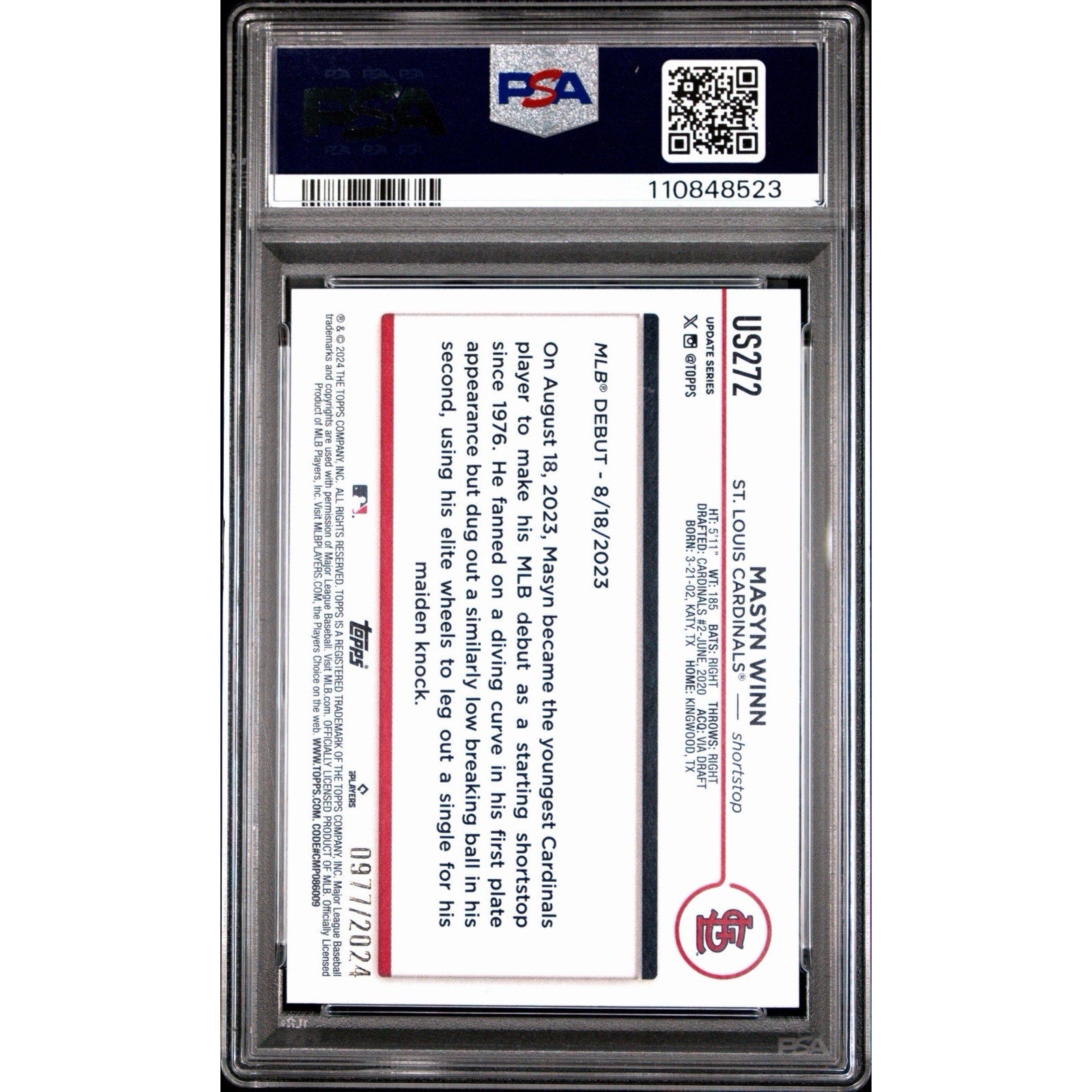 Back of PSA 10 graded 2024 Topps Update Masyn Winn Gold Border Rookie Debut card showing stats and authentication details