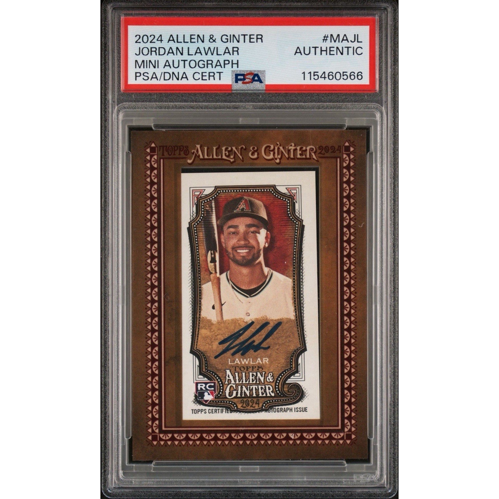 2024 Topps Allen and Ginter Jordan Lawlar Mini Framed Auto rookie card graded PSA Authentic featuring on-card autograph for Arizona Diamondbacks collector