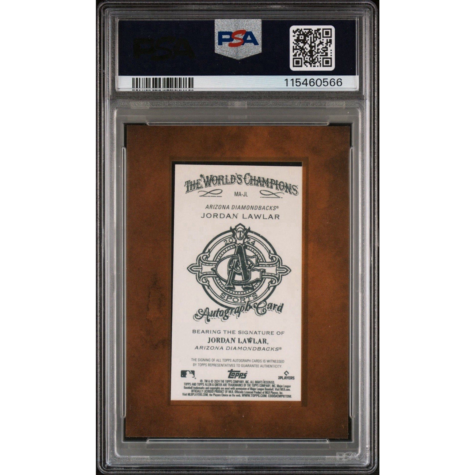Back view of 2024 Topps Allen and Ginter Jordan Lawlar Mini Framed Auto rookie baseball card authenticated by PSA