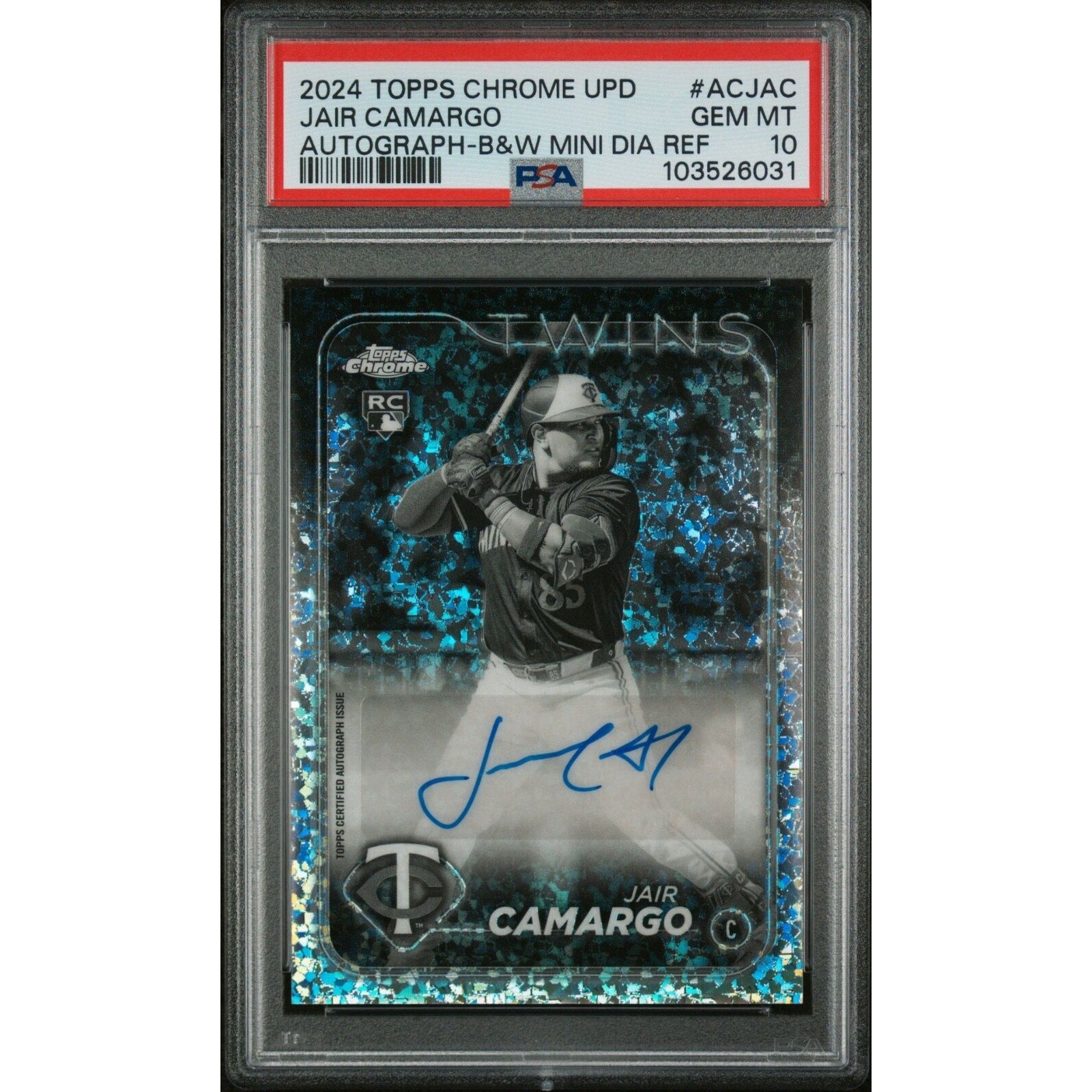 2024 Topps Chrome Update Jair Camargo Black White Mini Diamond Auto PSA 10 Twins card