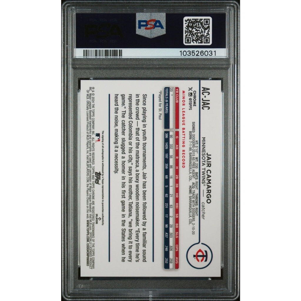 Back of 2024 Topps Chrome Update Jair Camargo autograph PSA 10 trading card slab