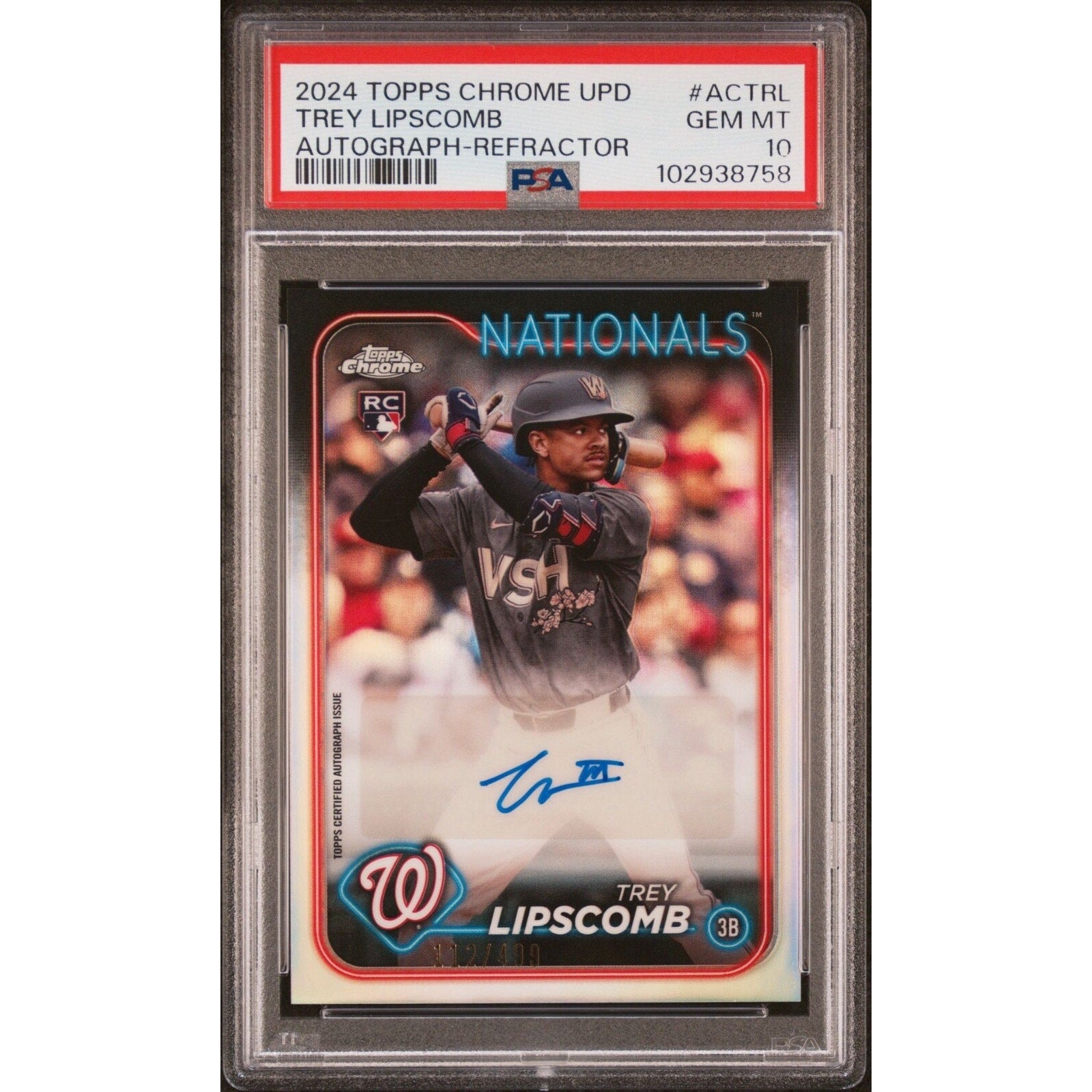 2024 Topps Chrome Update Trey Lipscomb Refractor Auto rookie card #ACTRL /499 PSA 10 front view