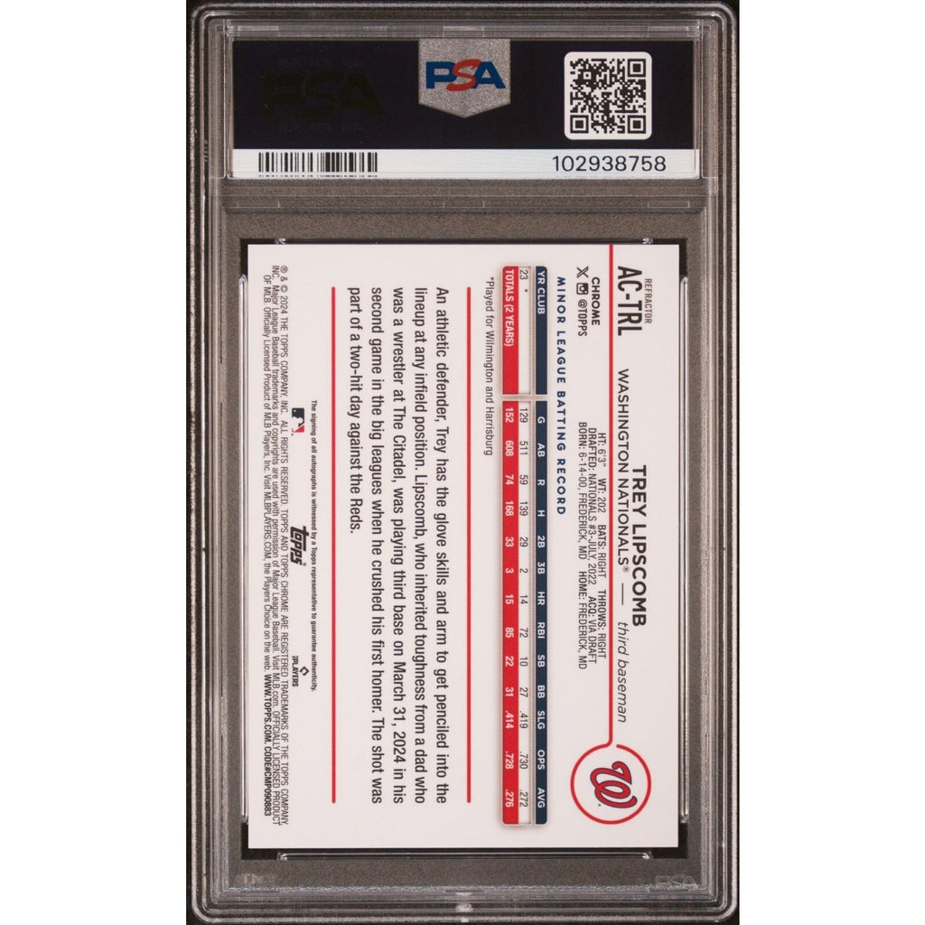 Back view of 2024 Topps Chrome Update Trey Lipscomb Refractor Auto rookie card #ACTRL /499 PSA 10
