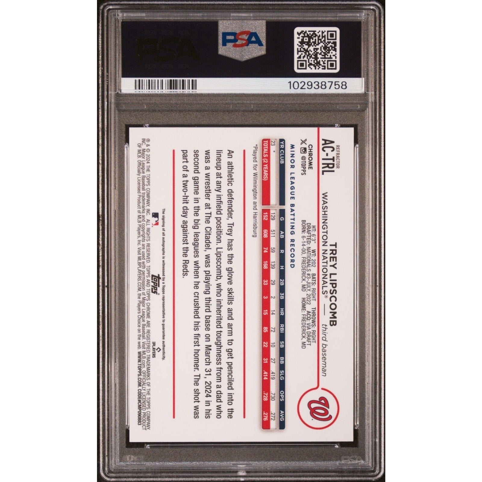Back view of 2024 Topps Chrome Update Trey Lipscomb Refractor Auto rookie card #ACTRL /499 PSA 10