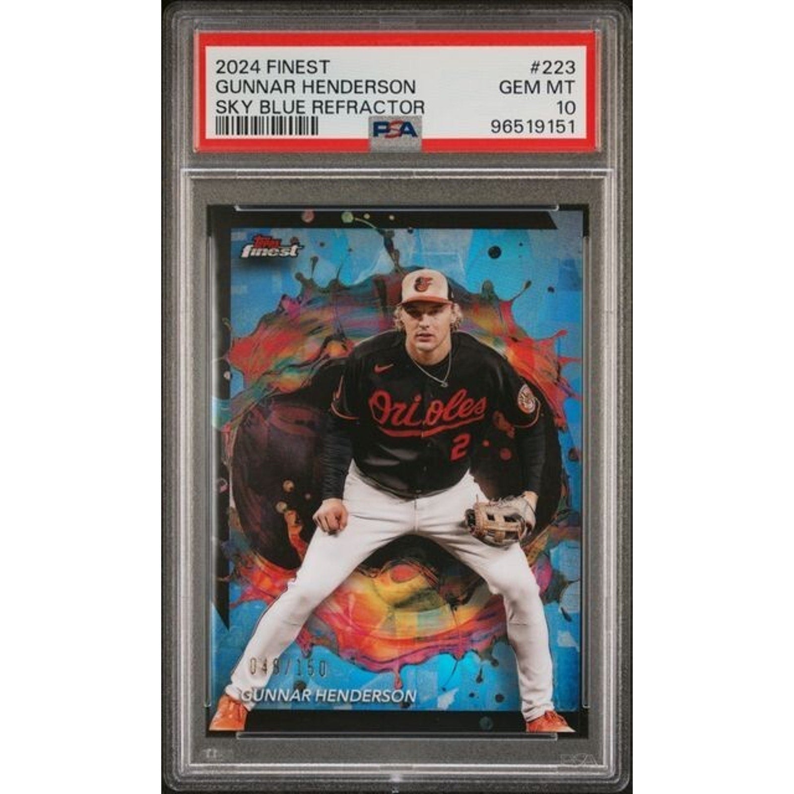 2024 Topps Finest Gunnar Henderson Sky Blue Refractor card #223 /150 PSA 10 front view