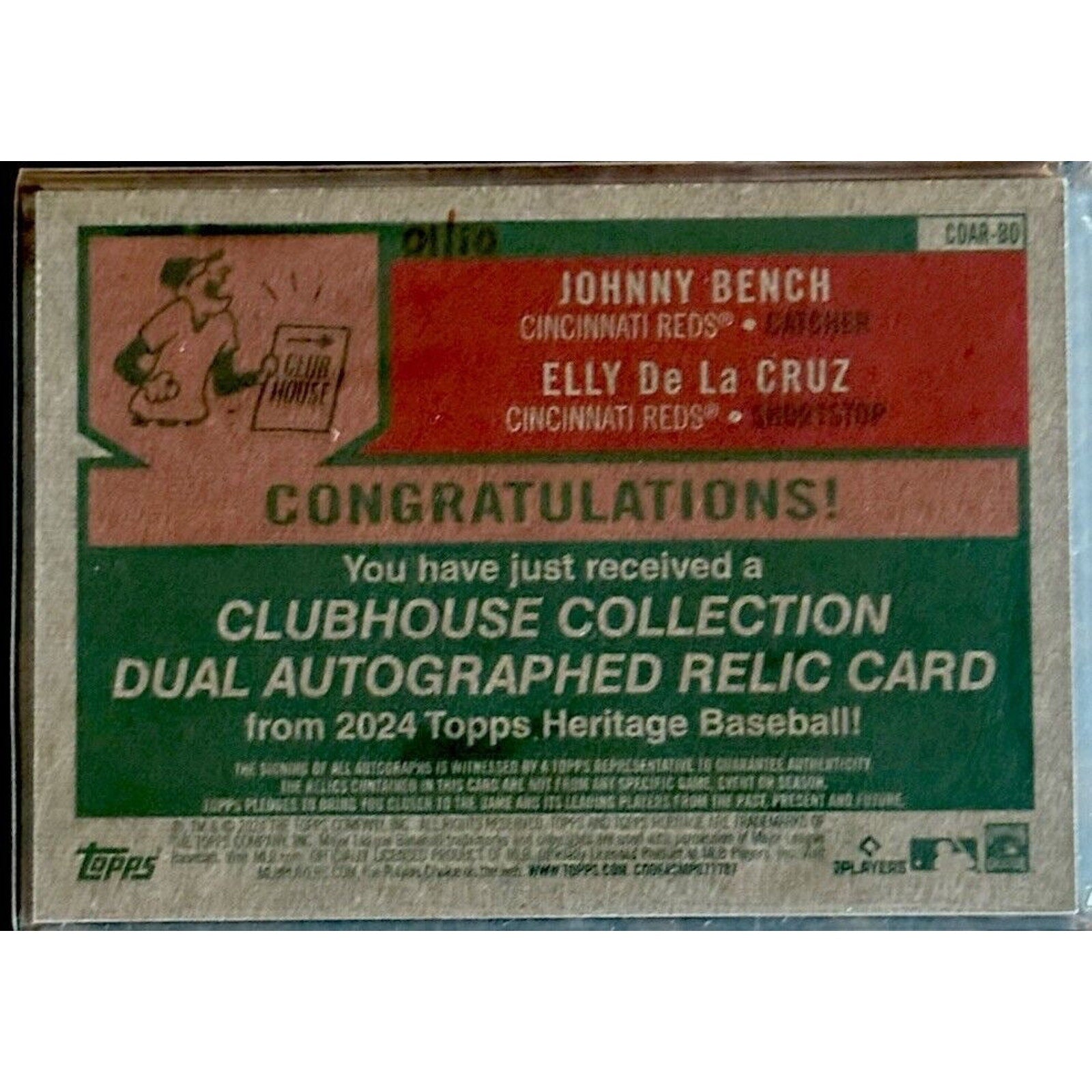 Back of 2024 Topps Heritage Clubhouse Collection dual autograph relic card showing serial numbering and authentication details