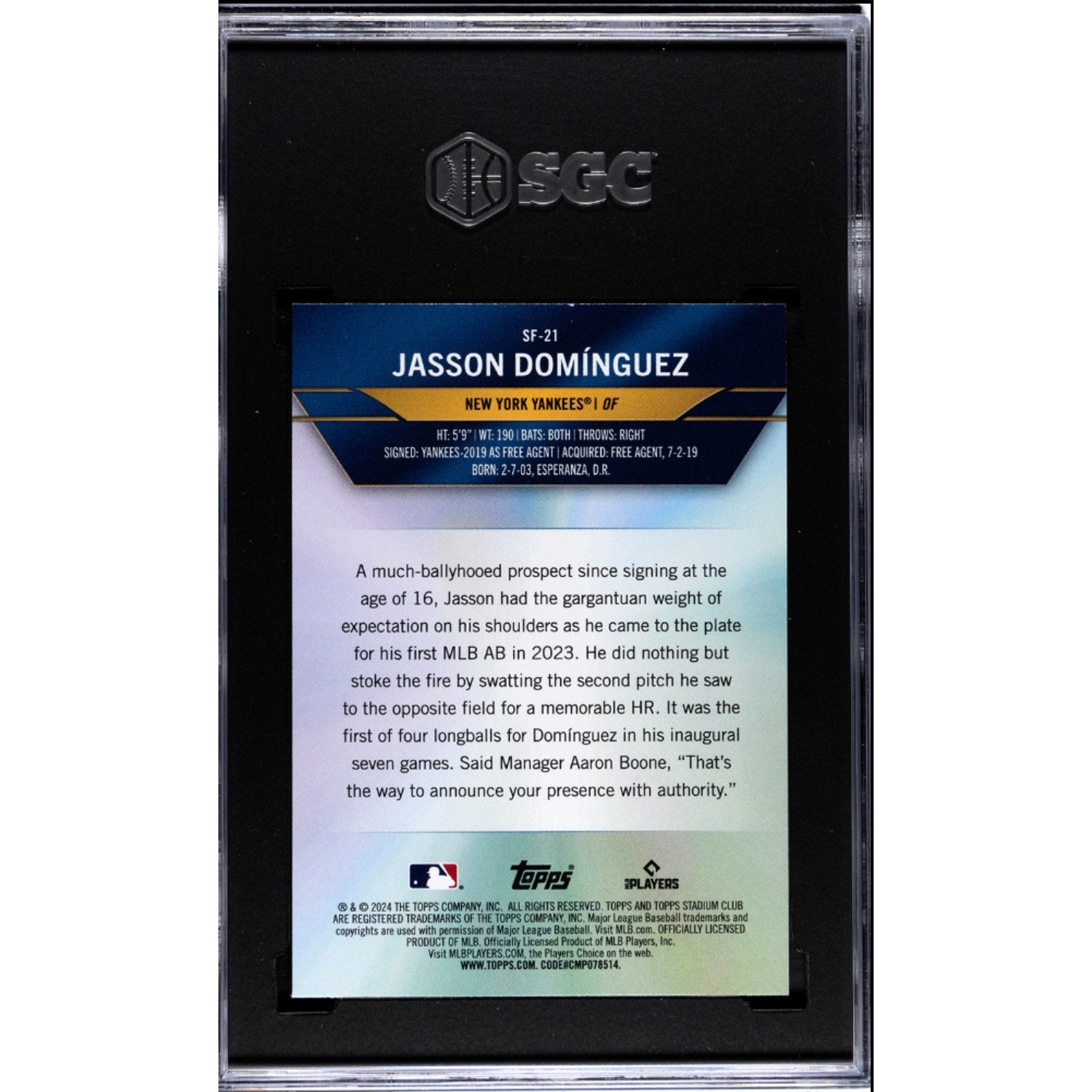Back of 2024 Topps Stadium Club Special Forces Jason Dominguez rookie baseball card graded by SGC