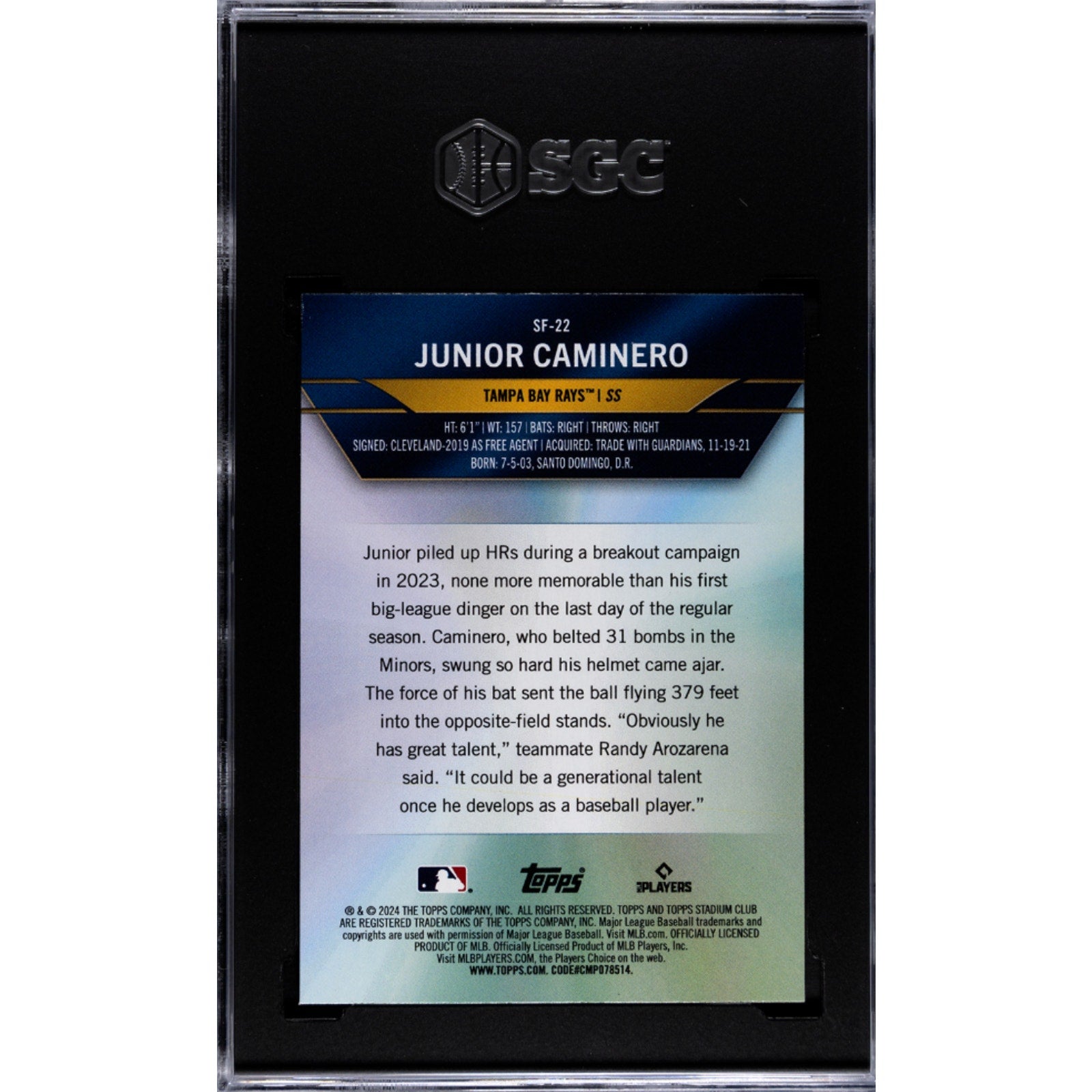 Back of 2024 Topps Stadium Club Special Forces Junior Caminero rookie baseball card graded by SGC