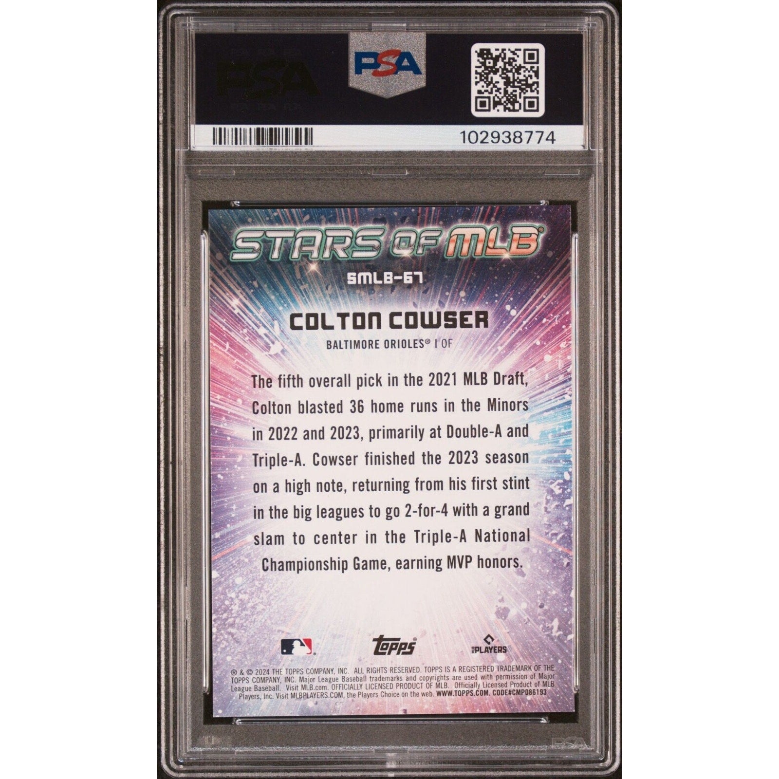 Back view of 2024 Topps Update Stars of MLB Colton Cowser rookie baseball card graded PSA 10 for Orioles collectors