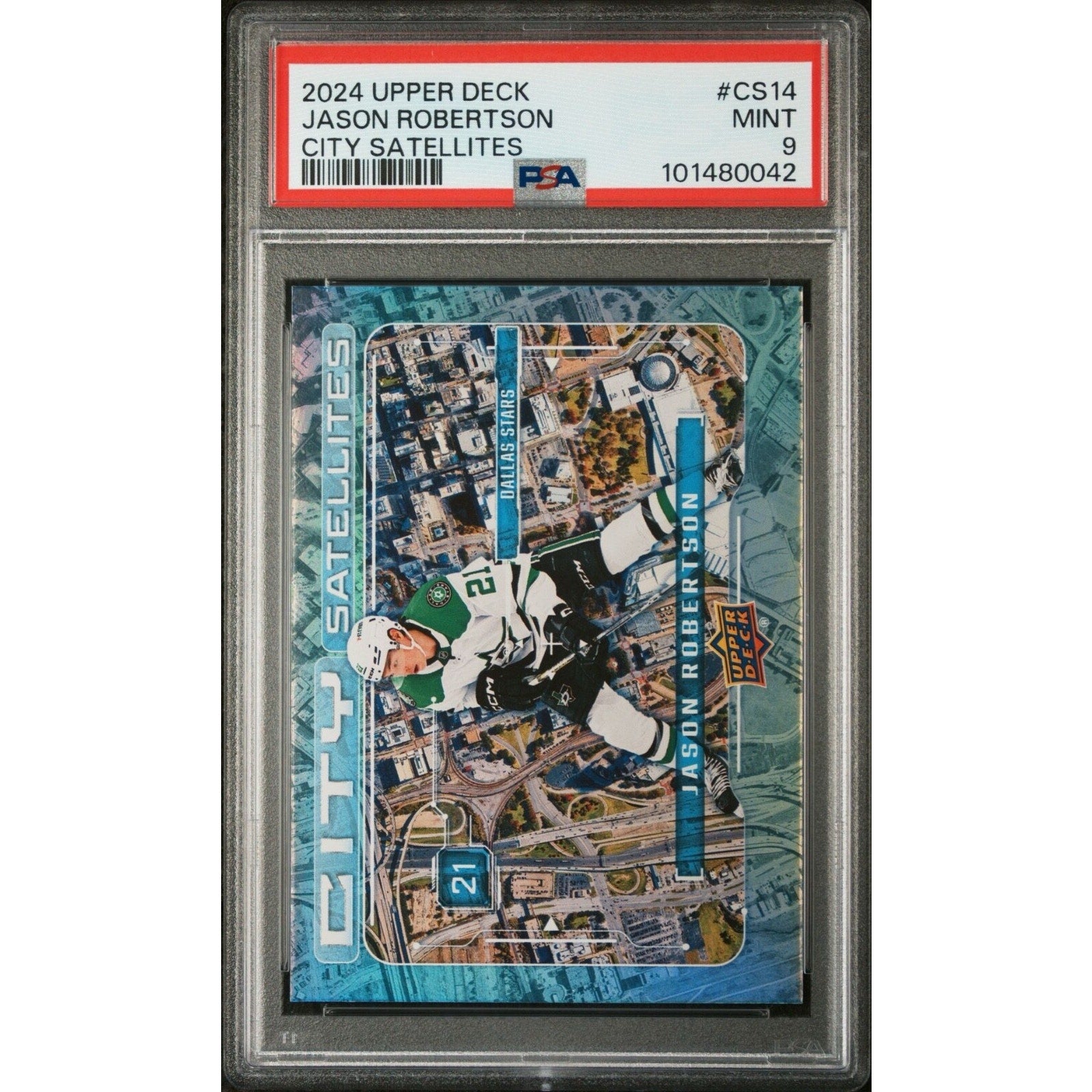 2024 Upper Deck City Satellites Jason Robertson card #CS14 PSA 9 Mint front view featuring Dallas Stars player