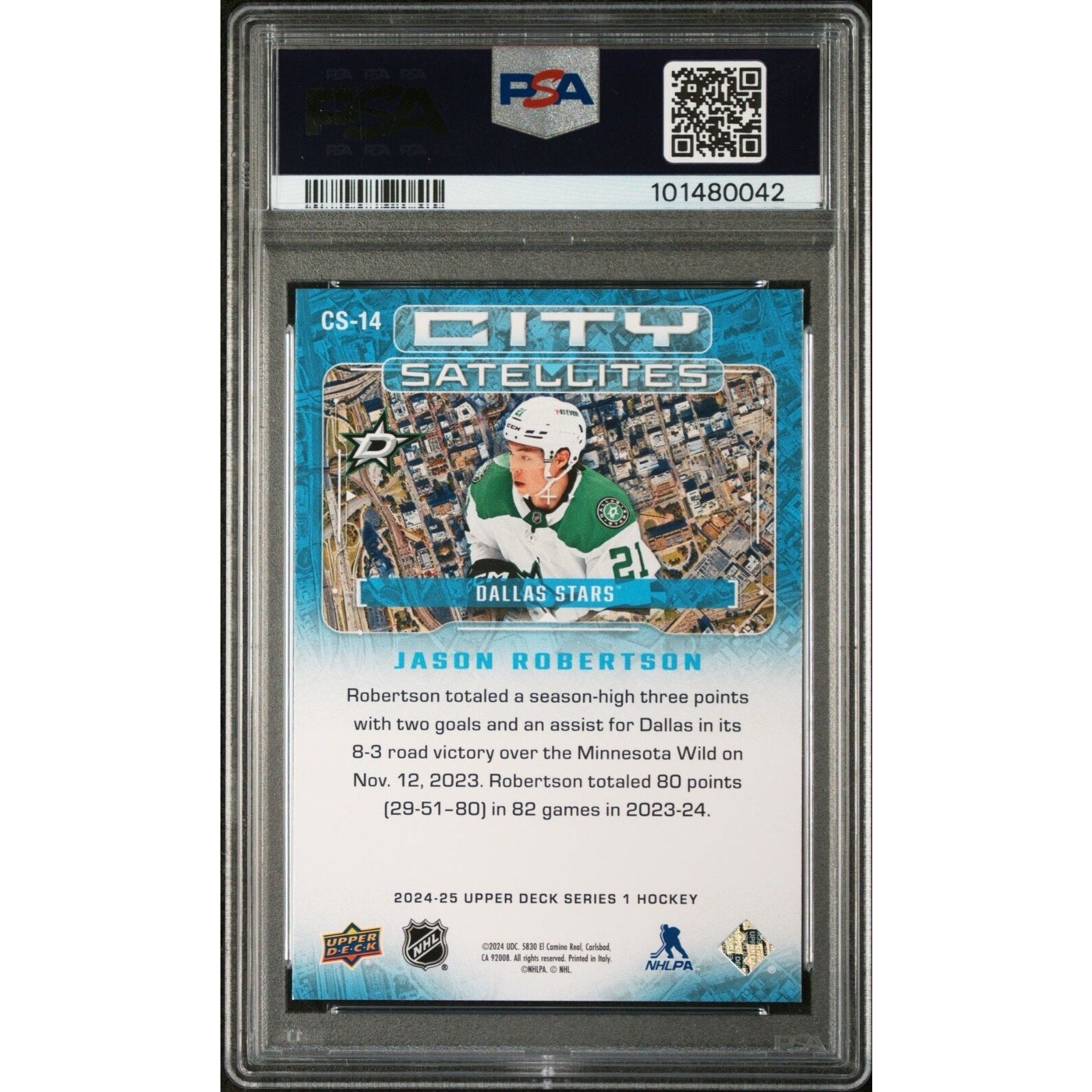 Back view of 2024 Upper Deck City Satellites Jason Robertson card #CS14 PSA 9 Mint