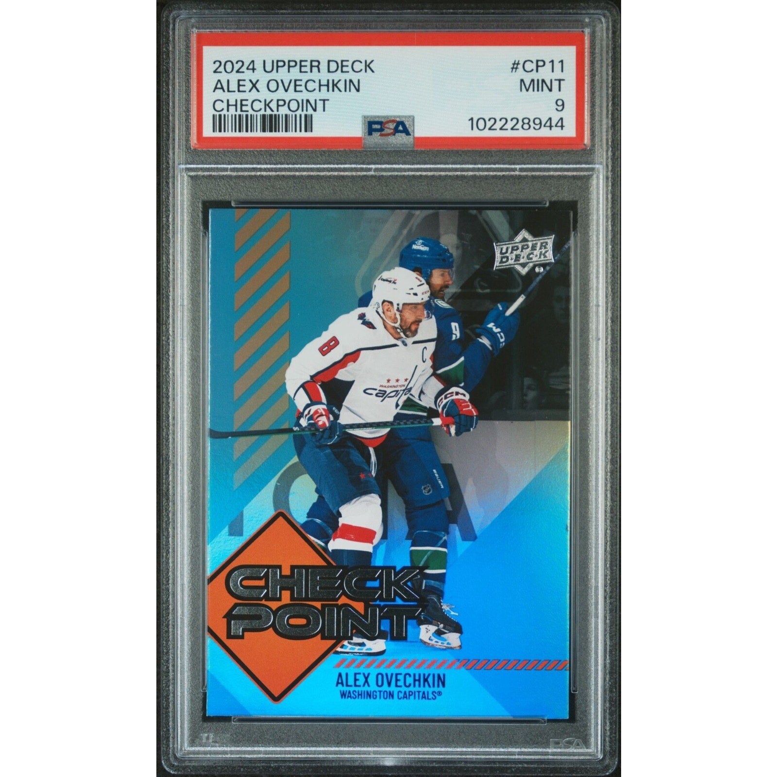 2024 Upper Deck Checkpoint Alex Ovechkin #CP-11 PSA 9 Mint POP 2 Washington Capitals hockey card front view