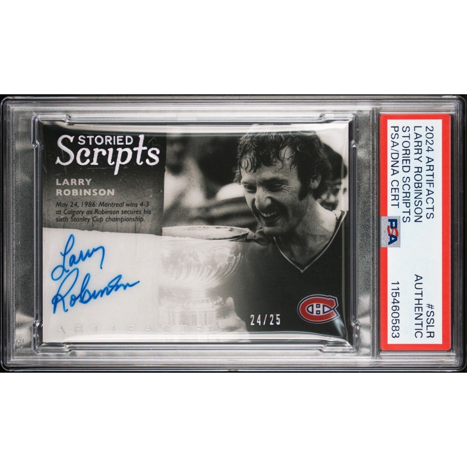 2024 Upper Deck Artifacts Storied Scripts Larry Robinson autographed card numbered to 25 PSA authenticated Montreal Canadiens collectible