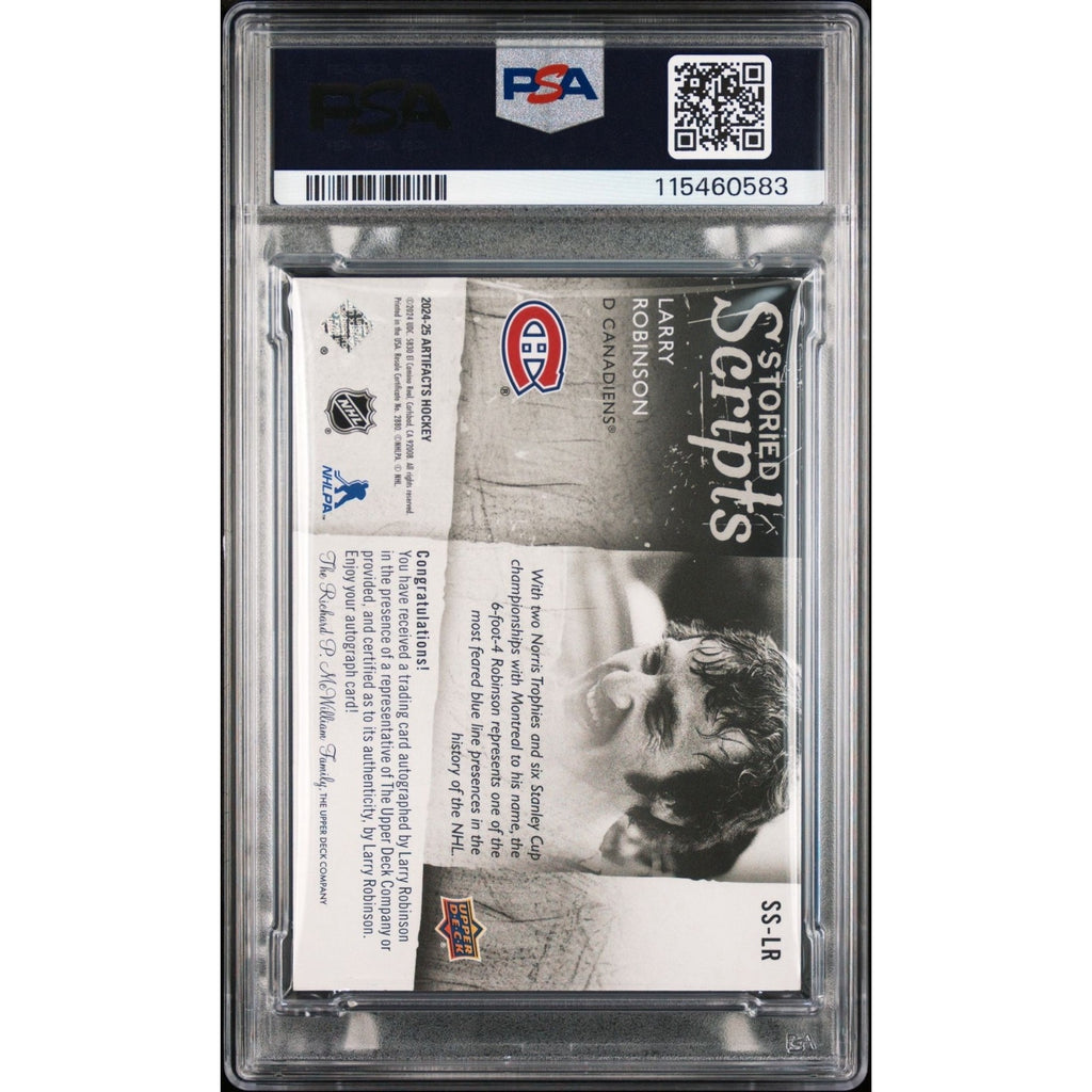 Back of 2024 Upper Deck Artifacts Storied Scripts Larry Robinson auto card PSA authenticated limited edition Montreal Canadiens memorabilia