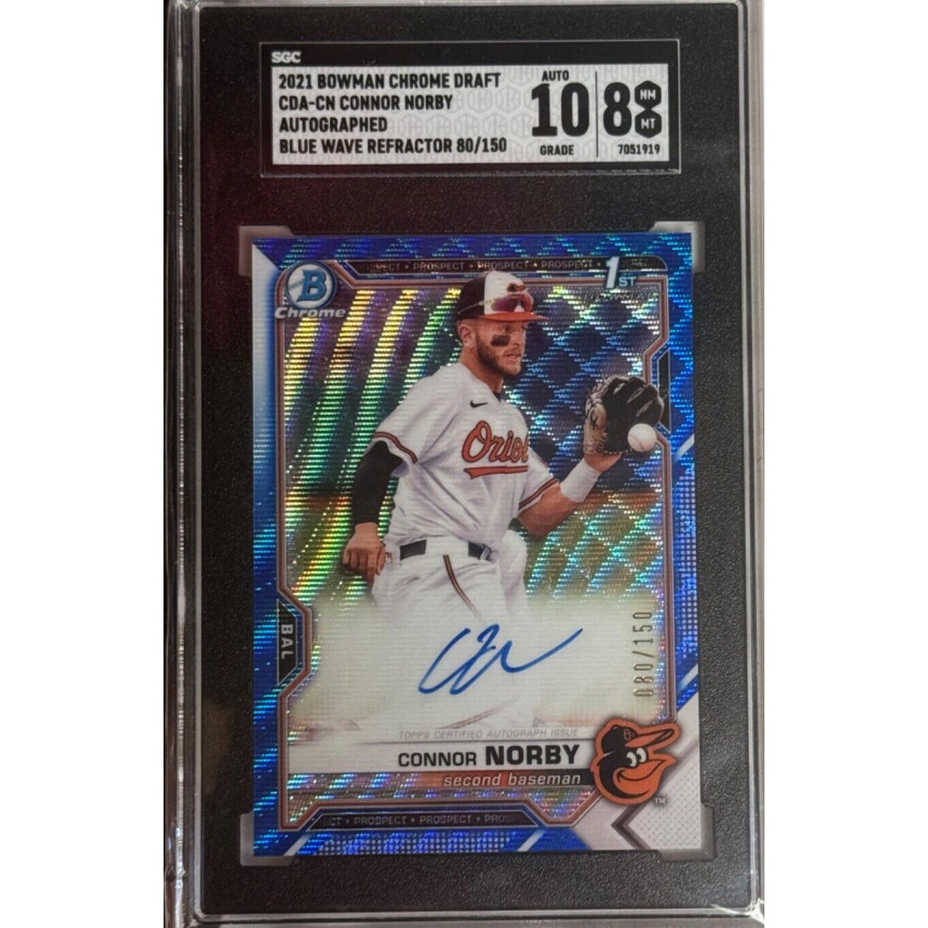 Connor Norby Bowman Draft Chrome Blue Wave Refractor Auto /150 SGC 10 Orioles card