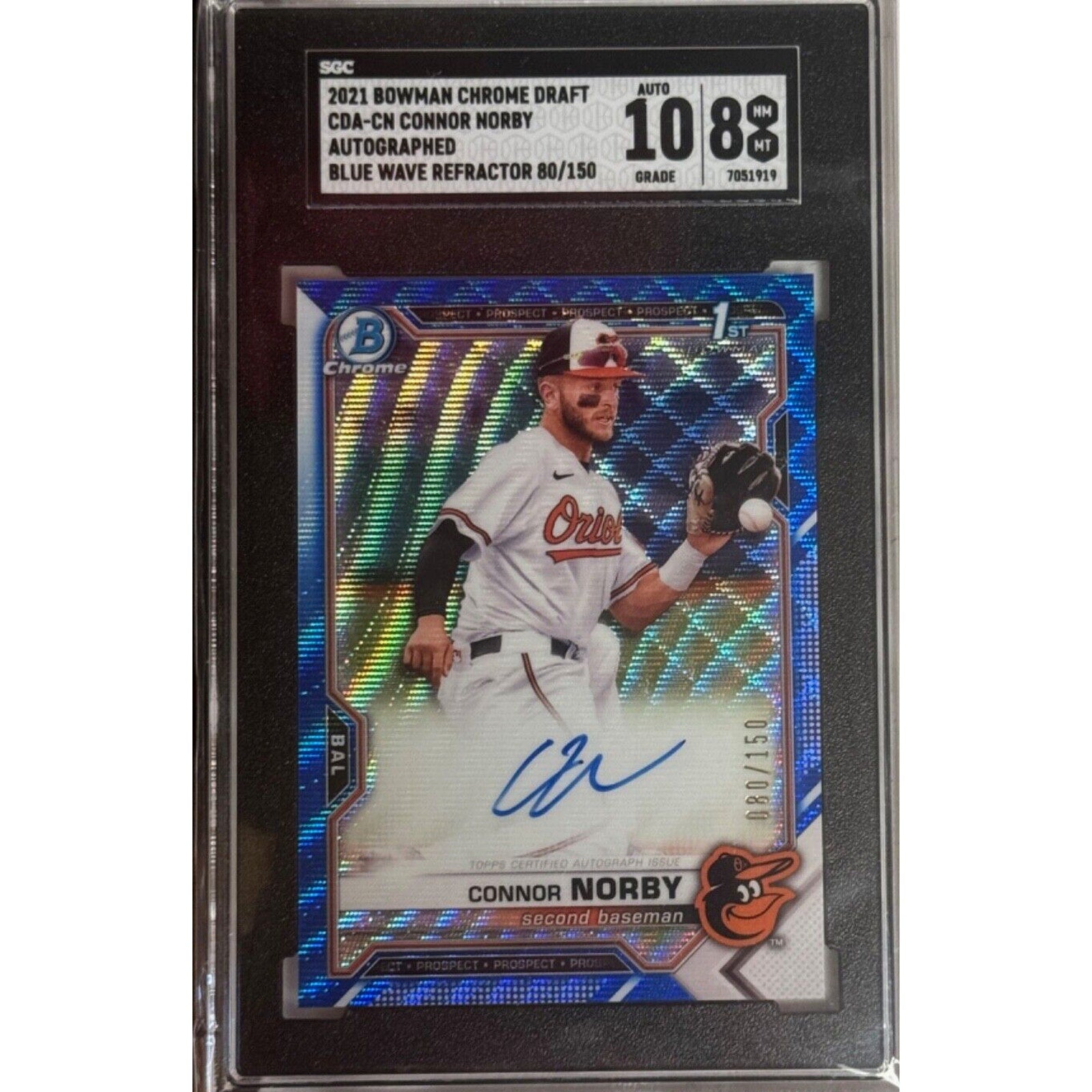 Connor Norby Bowman Draft Chrome Blue Wave Refractor Auto /150 SGC 10 Orioles card