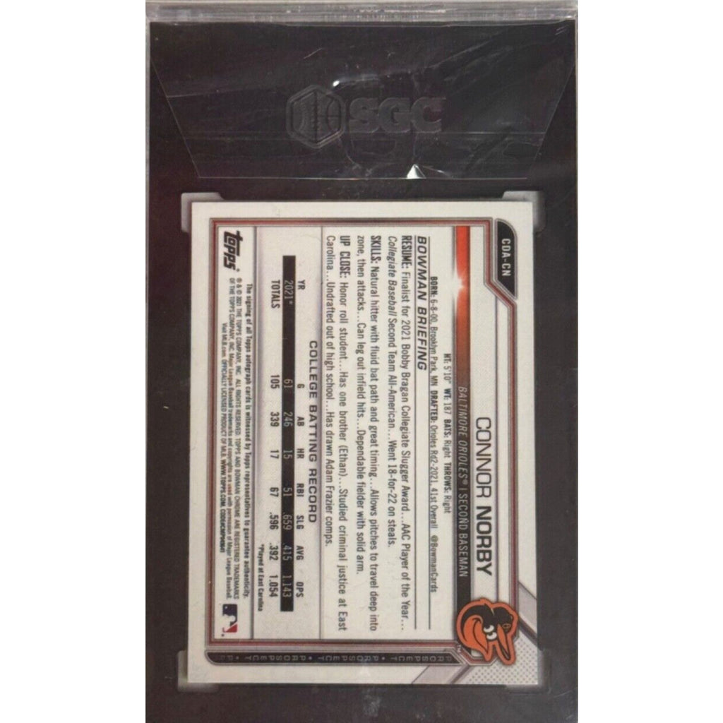 Back of Connor Norby Bowman Draft Blue Wave Refractor autograph trading card slab