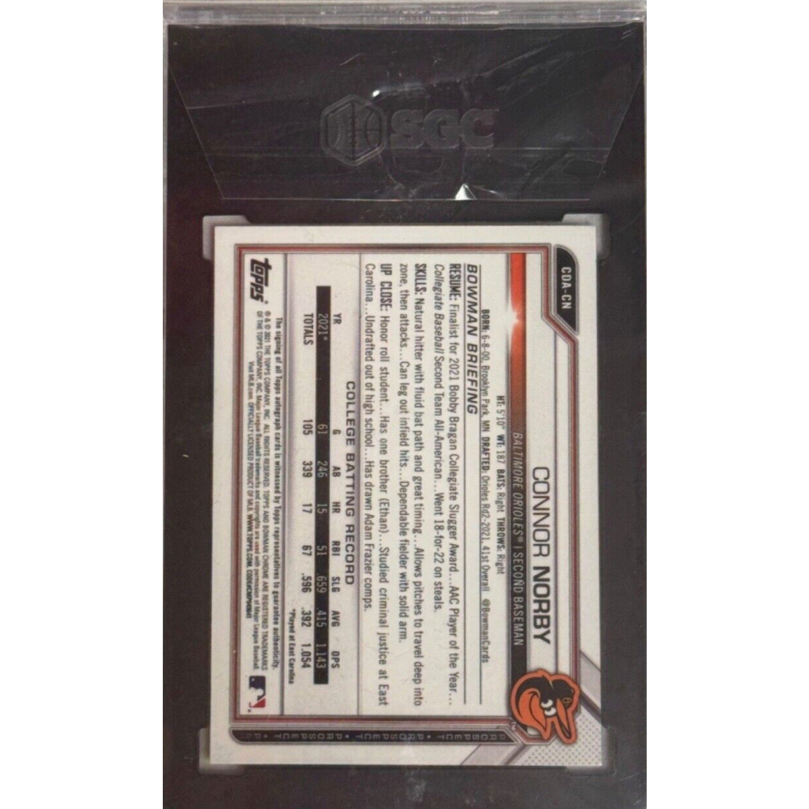 Back of Connor Norby Bowman Draft Blue Wave Refractor autograph trading card slab