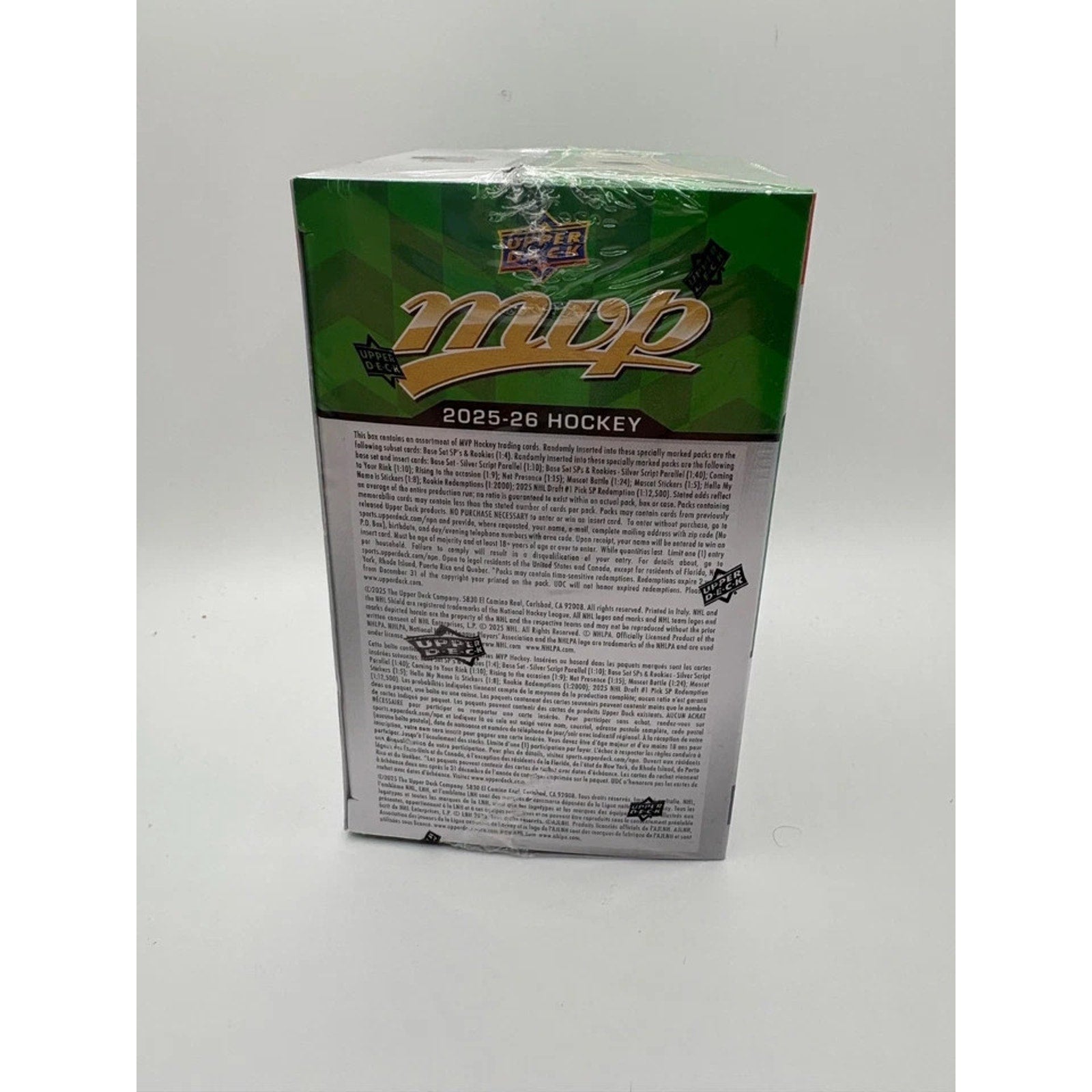 Side panel of sealed Upper Deck NHL MVP Hockey Blaster Box trading card product