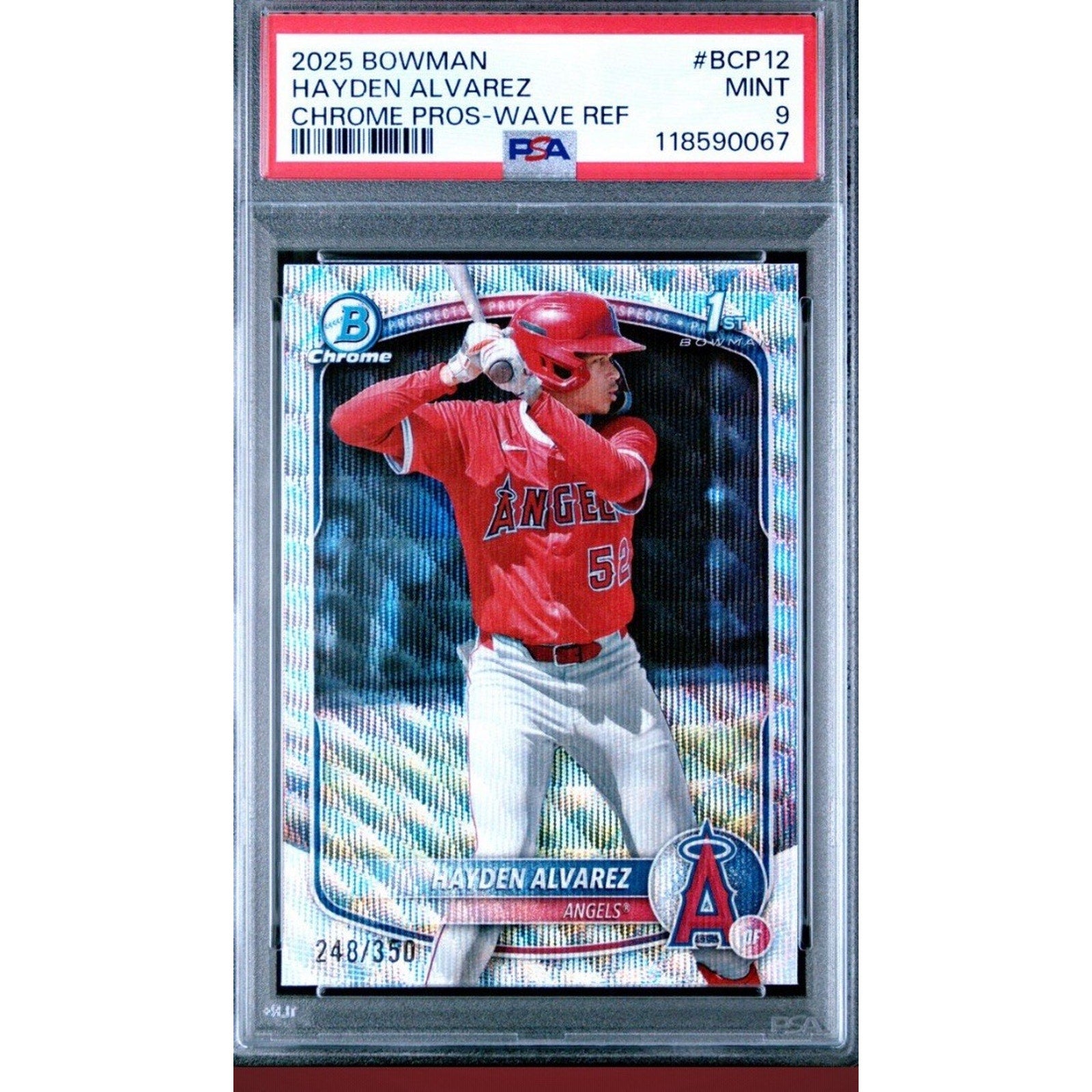 2025 Bowman Chrome Hayden Alvarez Prospects Wave Refractor #BCP12 /350 PSA 9 baseball card front view