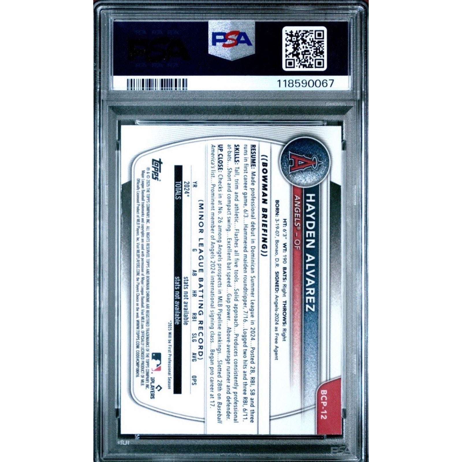 Back view of 2025 Bowman Chrome Hayden Alvarez Wave Refractor PSA 9 prospect baseball card graded by PSA