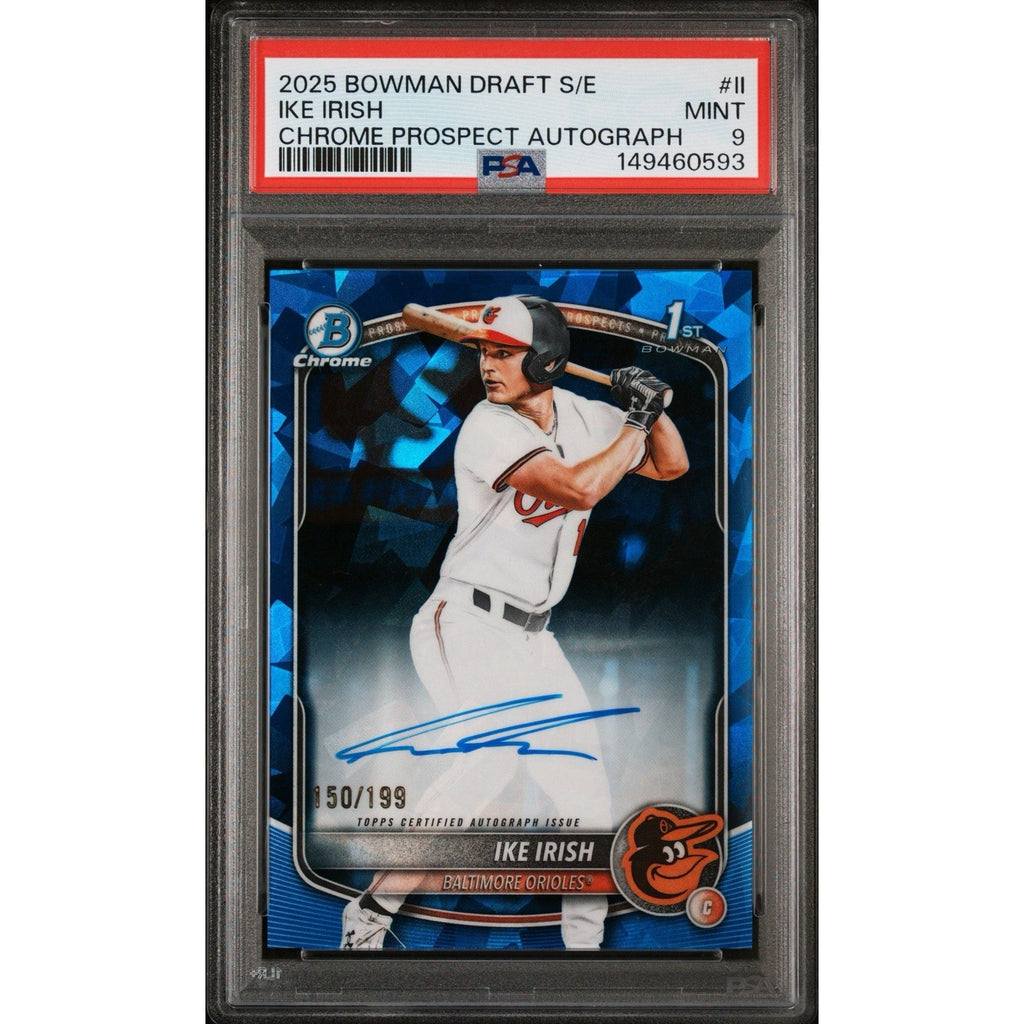 Front view of 2025 Bowman Sapphire Chrome Prospect Autographs Ike Irish rookie autograph card numbered to 199 and graded PSA Mint