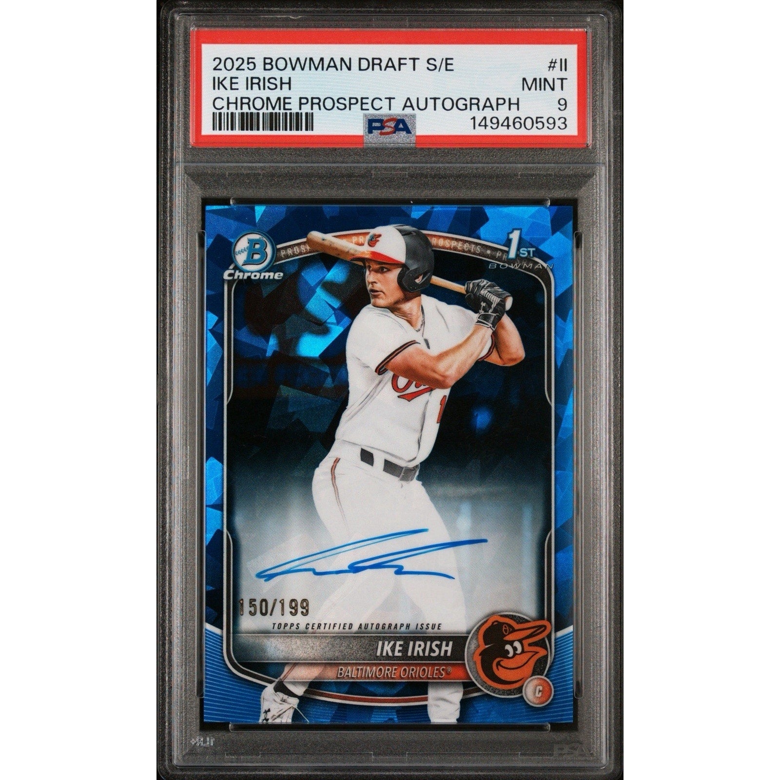 Front view of 2025 Bowman Sapphire Chrome Prospect Autographs Ike Irish rookie autograph card numbered to 199 and graded PSA Mint