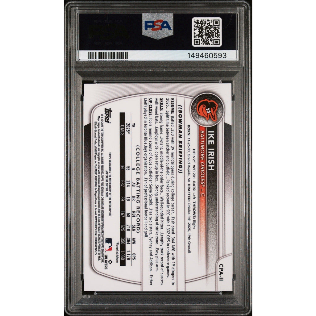 Back view of PSA-graded 2025 Bowman Sapphire Ike Irish Prospect Autographs card showing authentication and card details