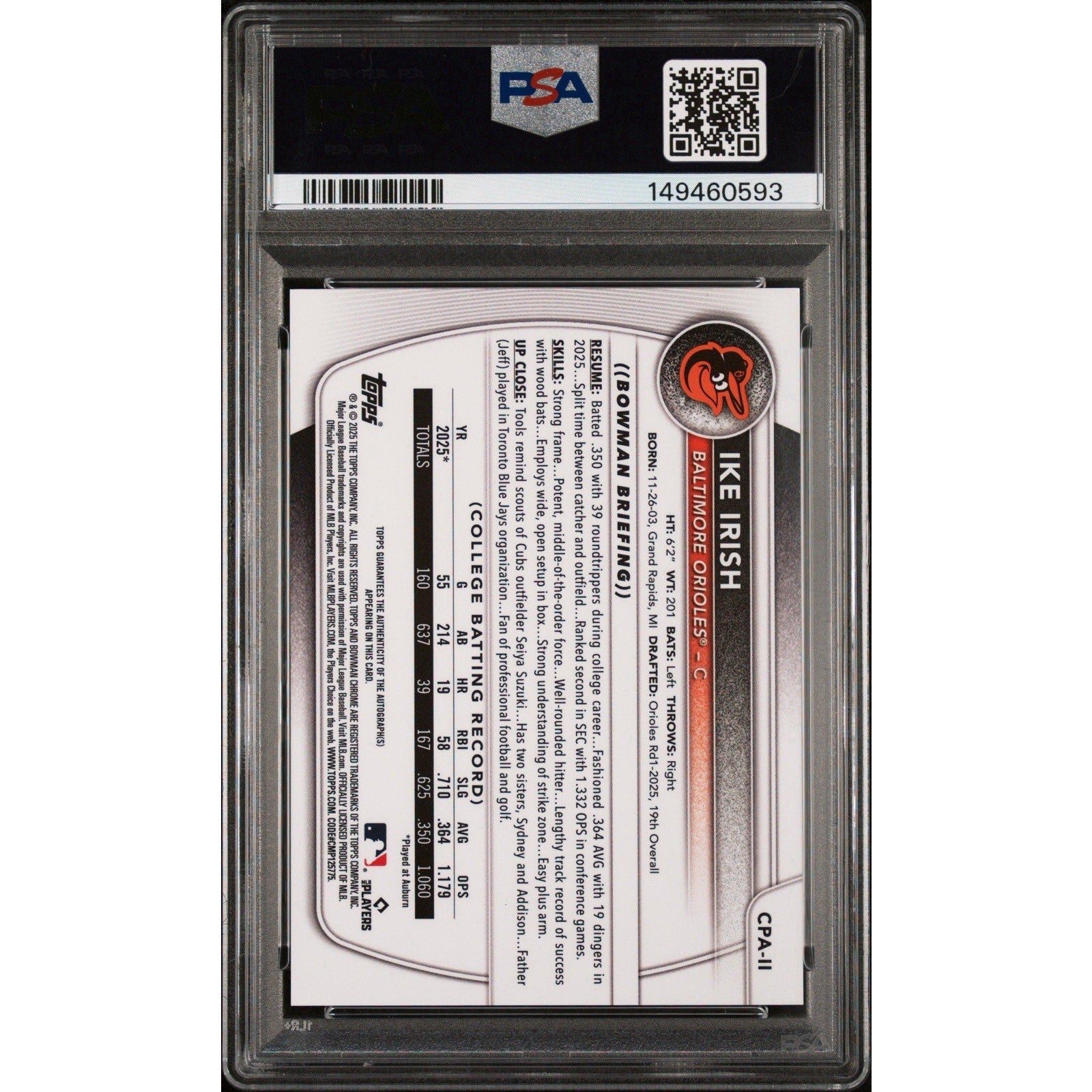 Back view of PSA-graded 2025 Bowman Sapphire Ike Irish Prospect Autographs card showing authentication and card details