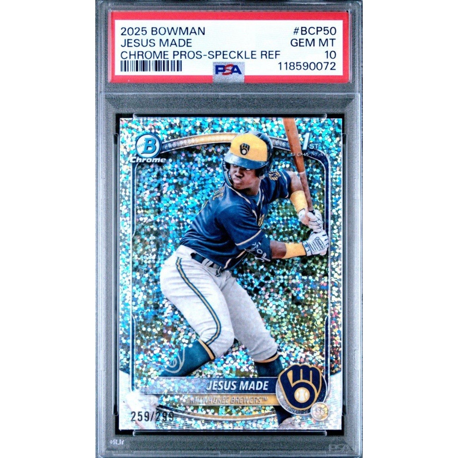 2025 Bowman Chrome Jesus Made Speckle Refractor #BCP-50 /299 PSA 10 Gem Mint rookie prospect baseball card front view
