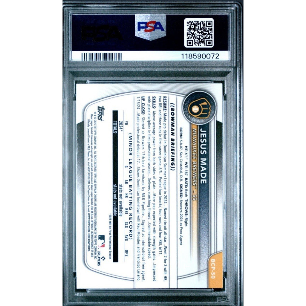 Back view of 2025 Bowman Chrome Jesus Made Speckle Refractor baseball card graded PSA 10 for Milwaukee Brewers collectors