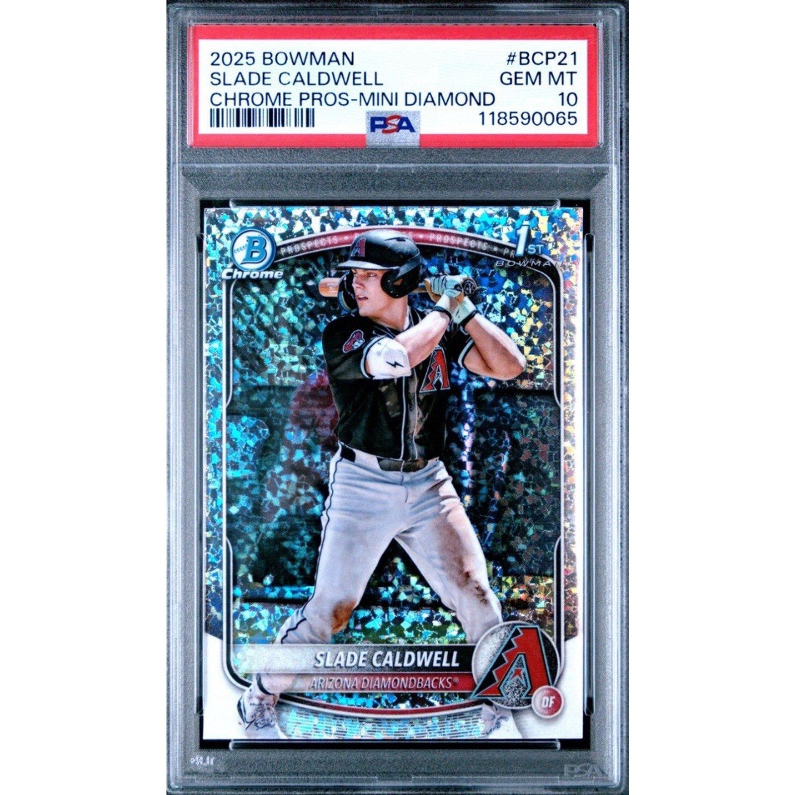2025 Bowman Chrome Slade Caldwell Mini Diamond refractor #BCP-21 PSA 10 Gem Mint rookie prospect baseball card front view