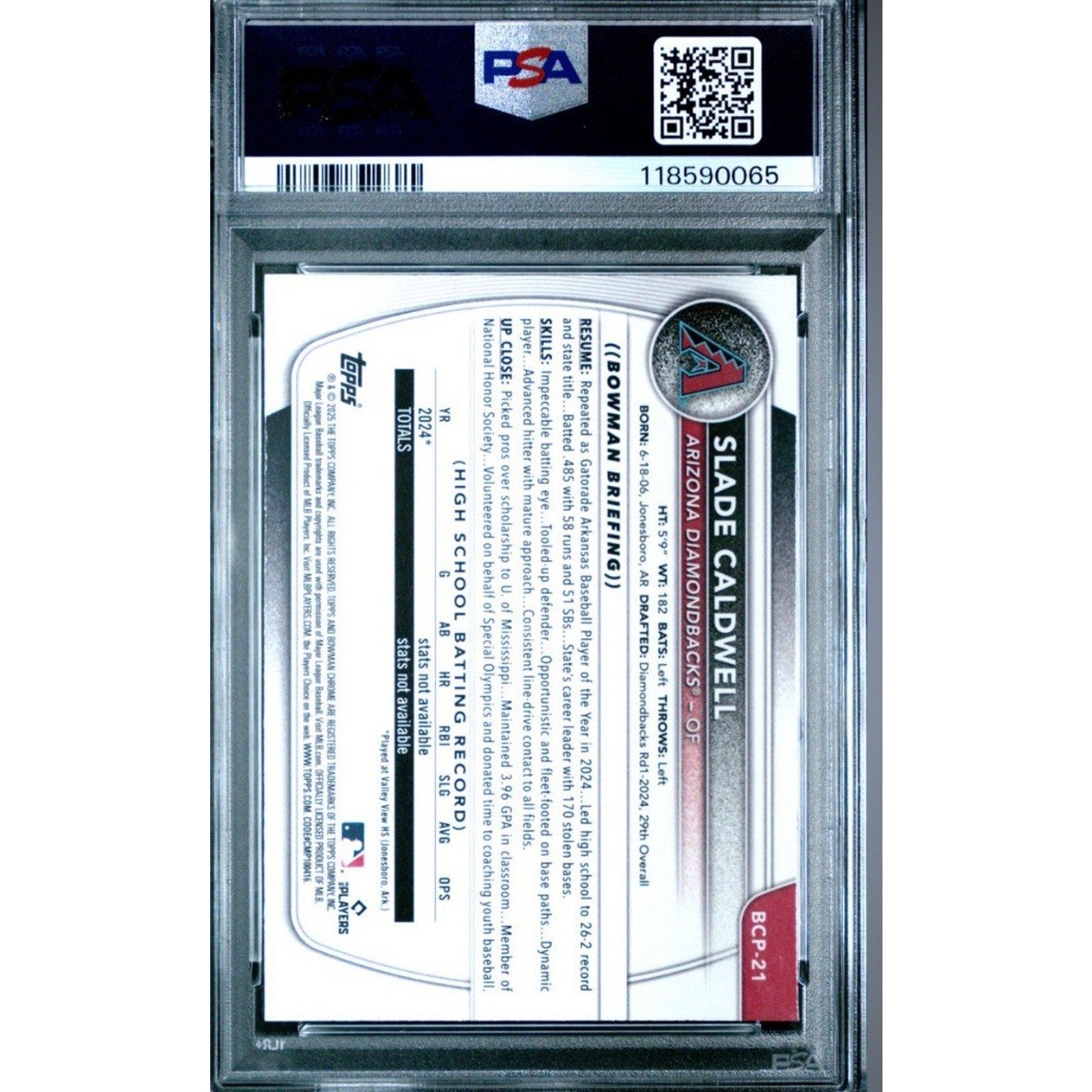 Back view of 2025 Bowman Chrome Slade Caldwell Mini Diamond /299 PSA 10 prospect baseball card slabbed by PSA