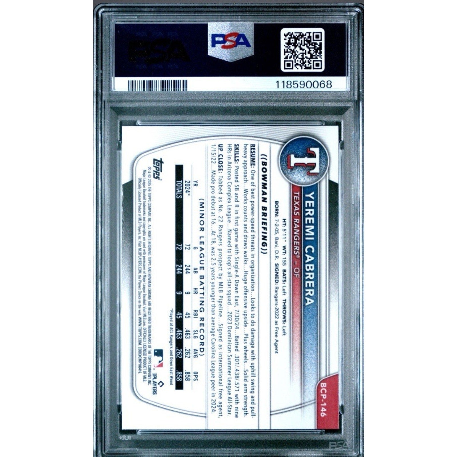 Back view of 2025 Bowman Chrome Yeremi Cabrera X-Fractor baseball card graded PSA 10 for Texas Rangers collectors