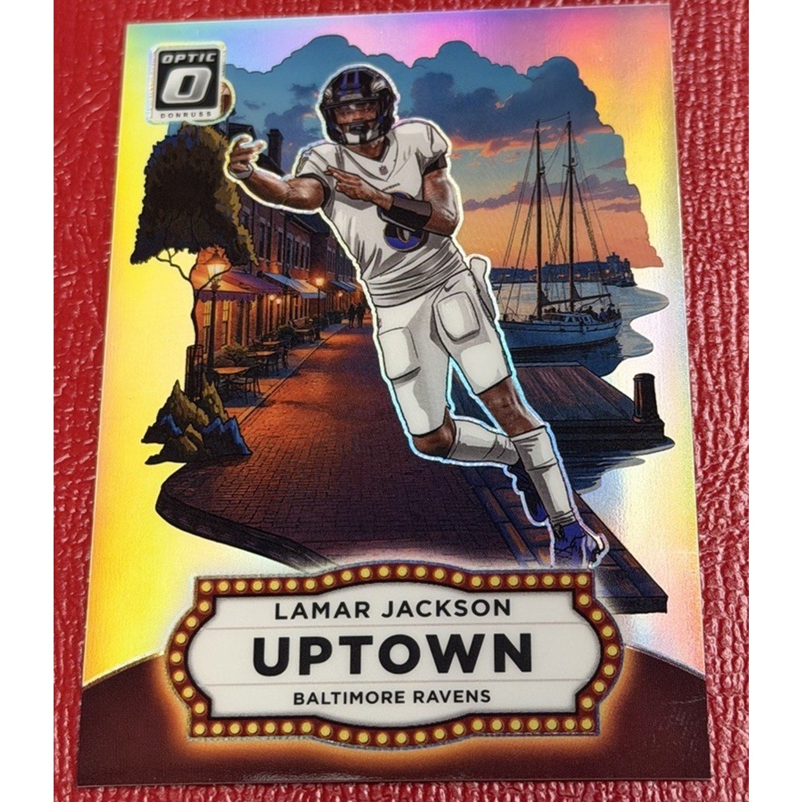 Football trading card of Lamar Jackson with scenic background